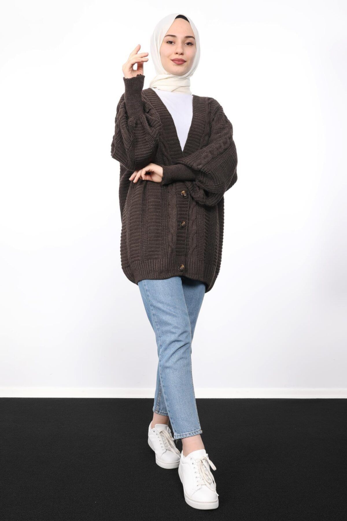 Giza Giyim Oversize Örme Hırka Kahverengi