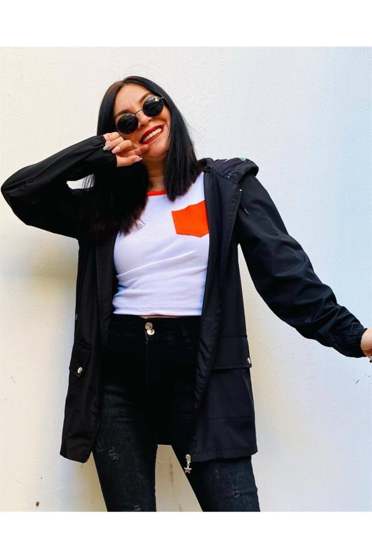 Portakal Siyah Kapüşon Dijital File Detaylı Desenli Su Geçirmez Yağmurluk