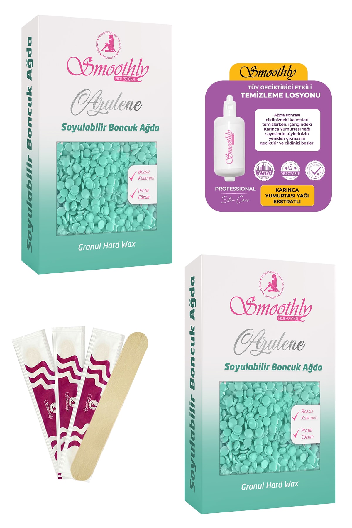 Smoothly 2 Adet Azulen Soyulabilen Boncuk Ağda Yedek Set, Tüy Geciktirici Losyon , Spatula