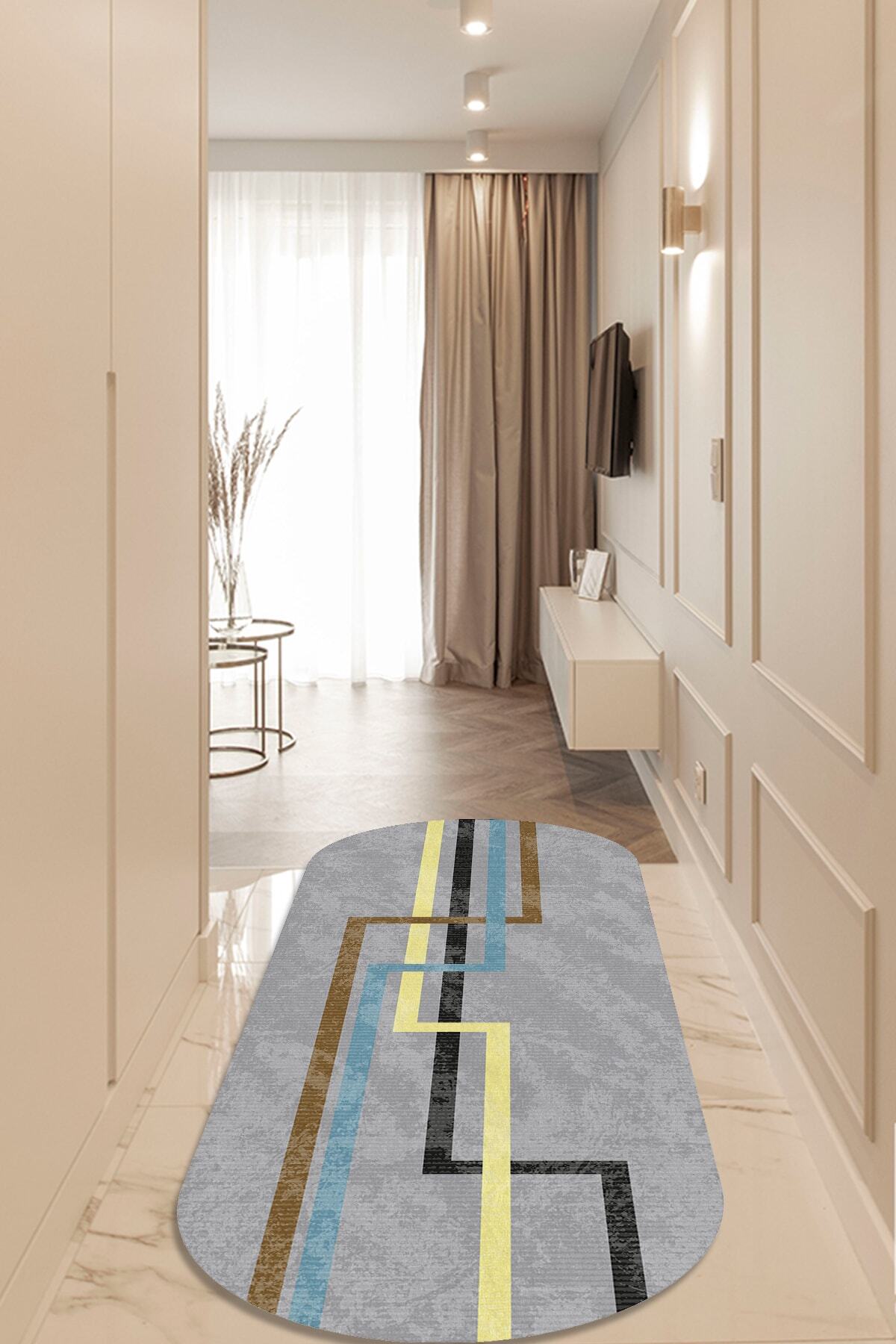 Bely Home Dijital Baskılı Kaymaz Taban Yıkanabilir Gri Labirent Desenli Oval Salon Halısı Ve Yolluk