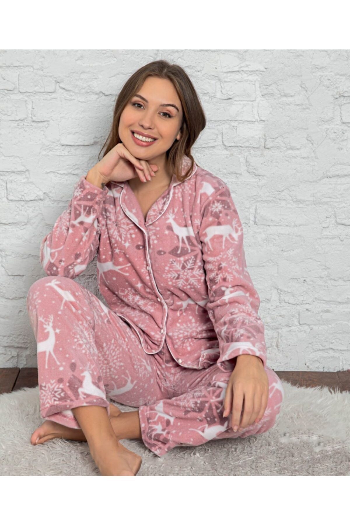 Sude Homewear Plr-p-9008 Pudra Bayan Önden Düğmeli Polar Pijama Takımı