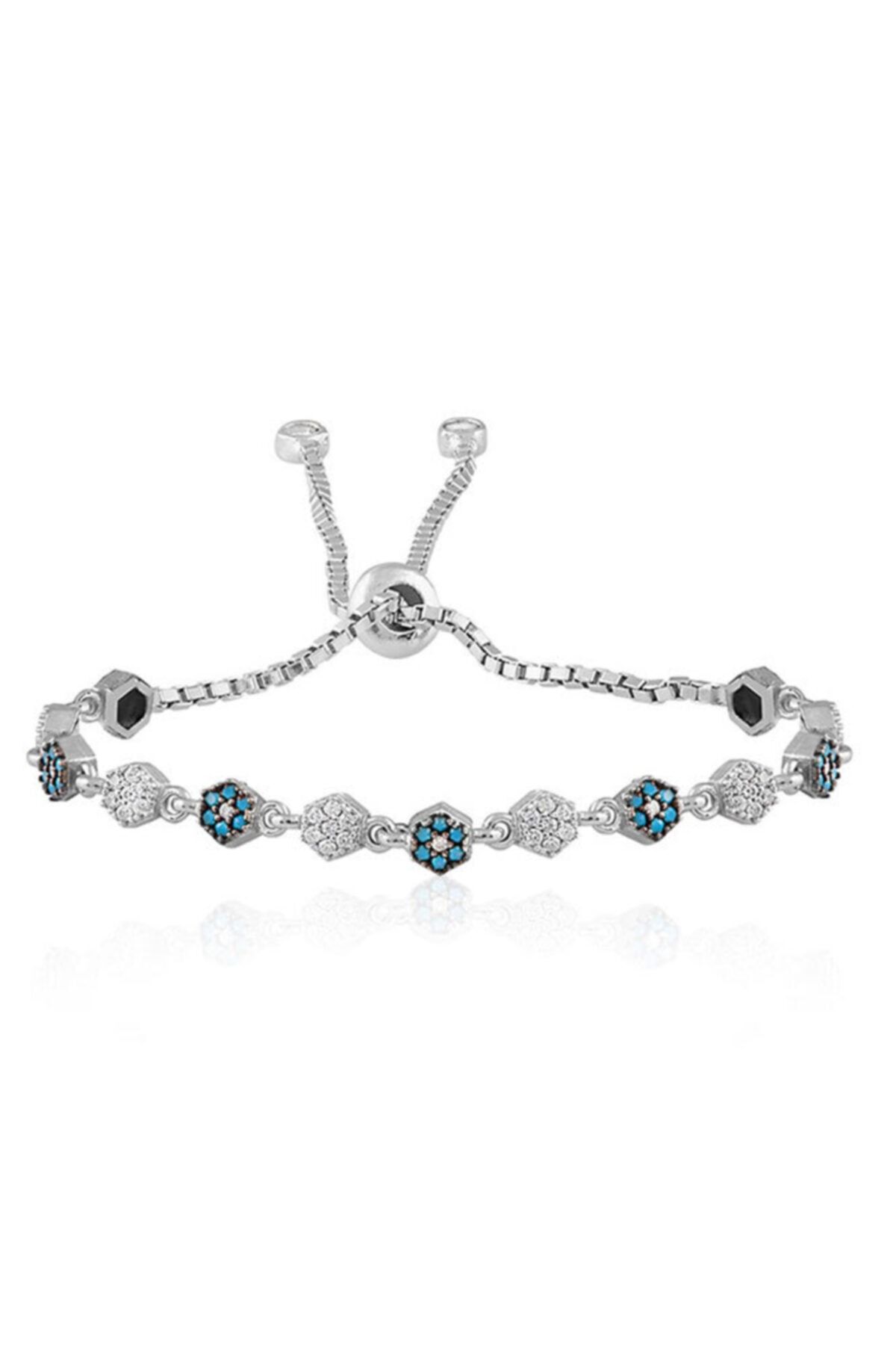 Ventino Silver Gümüş Rodyum Zirkon Firuze Taşlı Petek Su Yolu Model Ayarlanabilir Kadın Bileklik Vkb6539