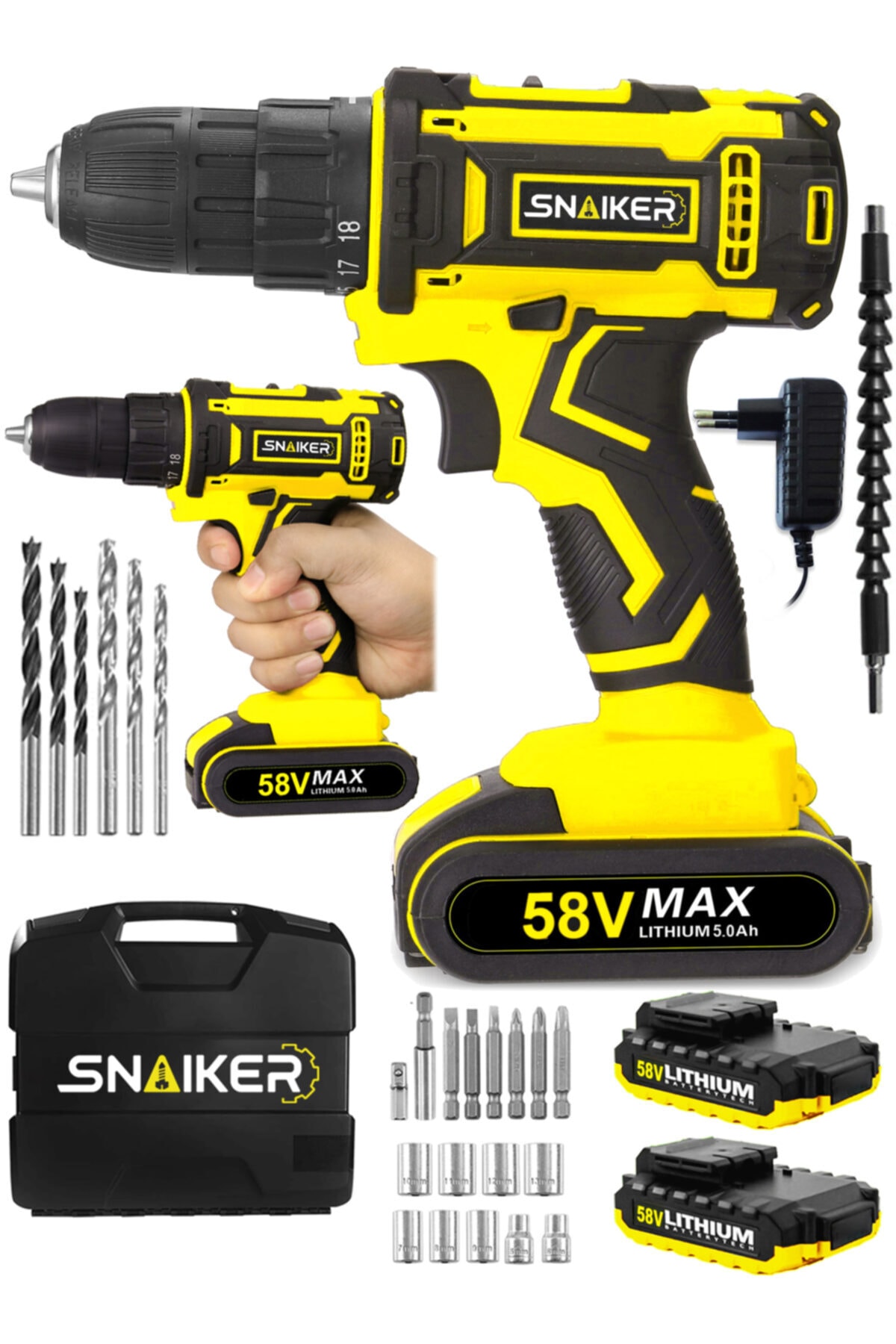 snaiker Alman 58 V 5 Ah Gts Darbeli Çift Metal Şanzuman Bakır Sargili Şarjlı Çift Akülü Vidalama Matkap