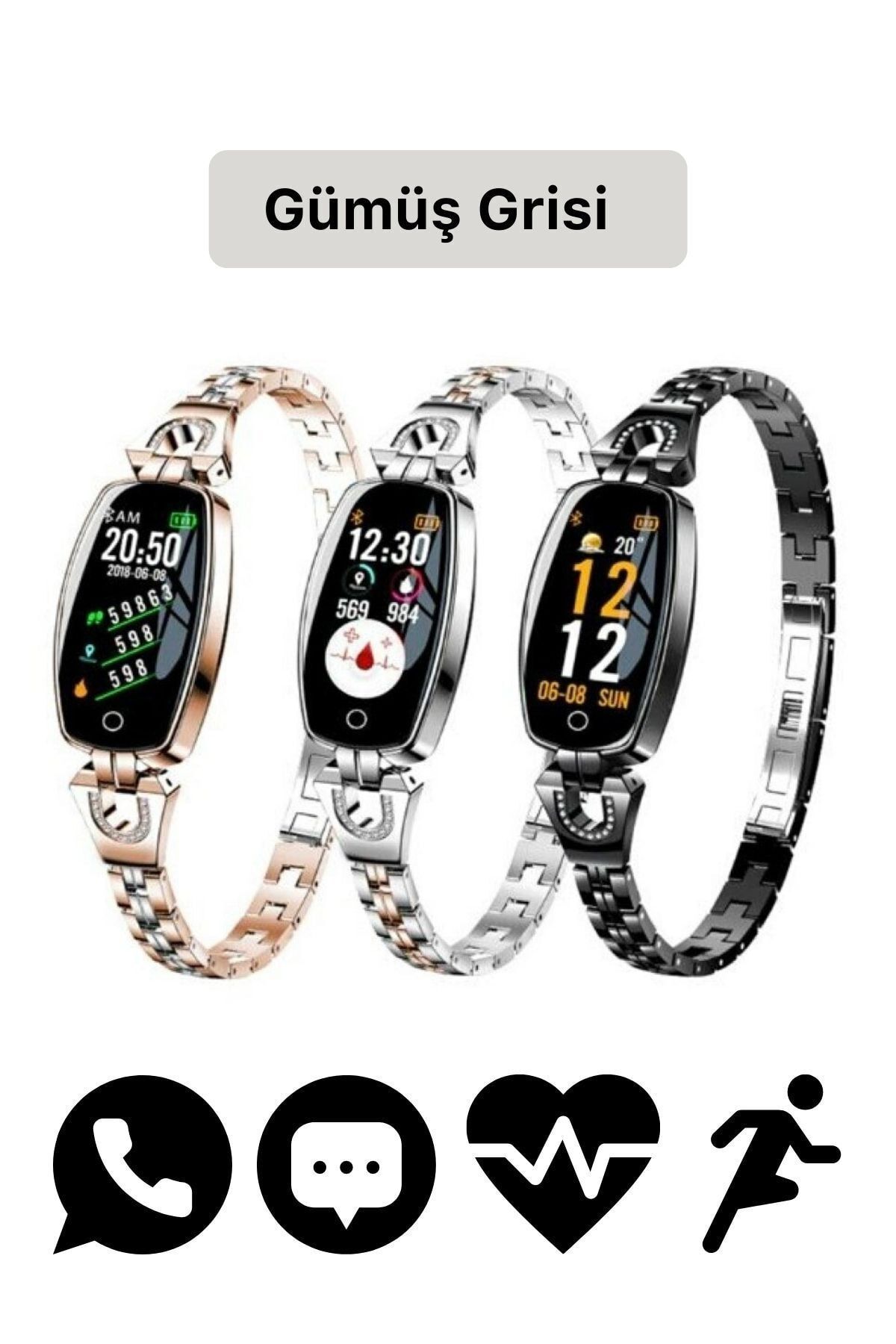 Noriyen H8 Lady Modeli Nabız Ölçen Bluetoothlu Aramalı Renk Çeşitli Ios Android Bayan Akıllı Saat Silver