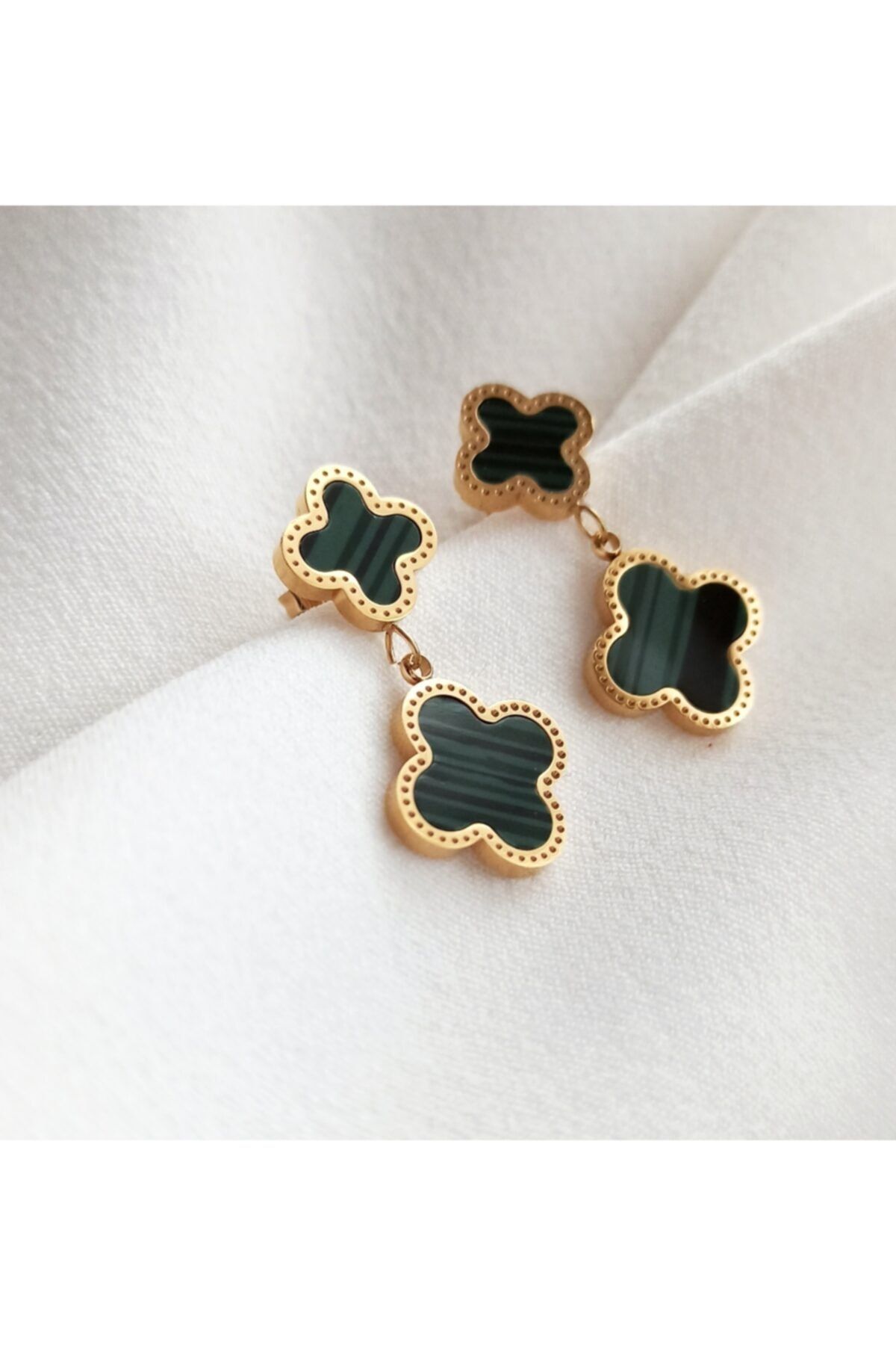 Ginger Takı Çelik Gold Yeşil Taşlı Küpe