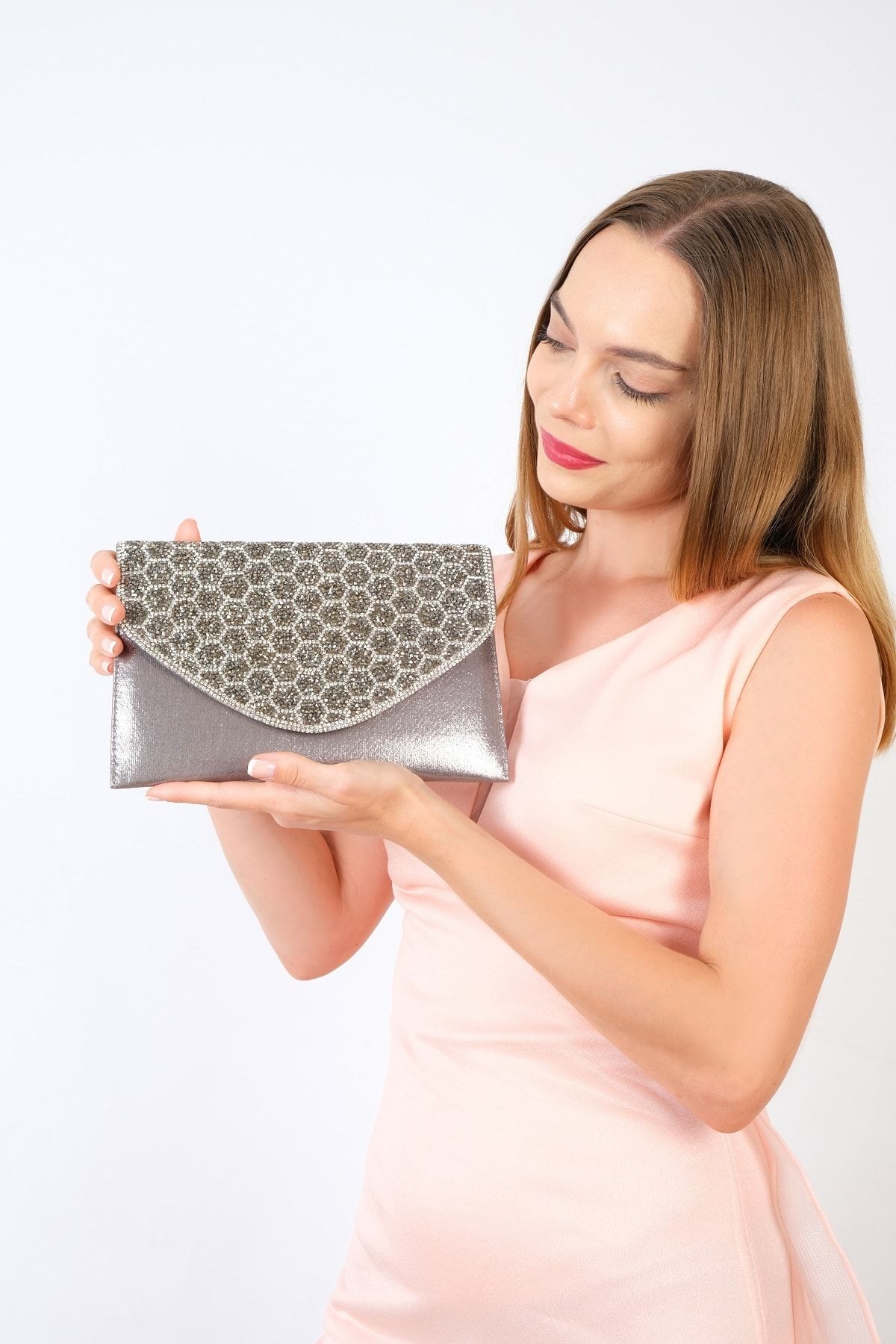 NAZART Kadın Petektaşlı Platin Zincirli Abiye Bayan Clutch Portföy Gece Çantası