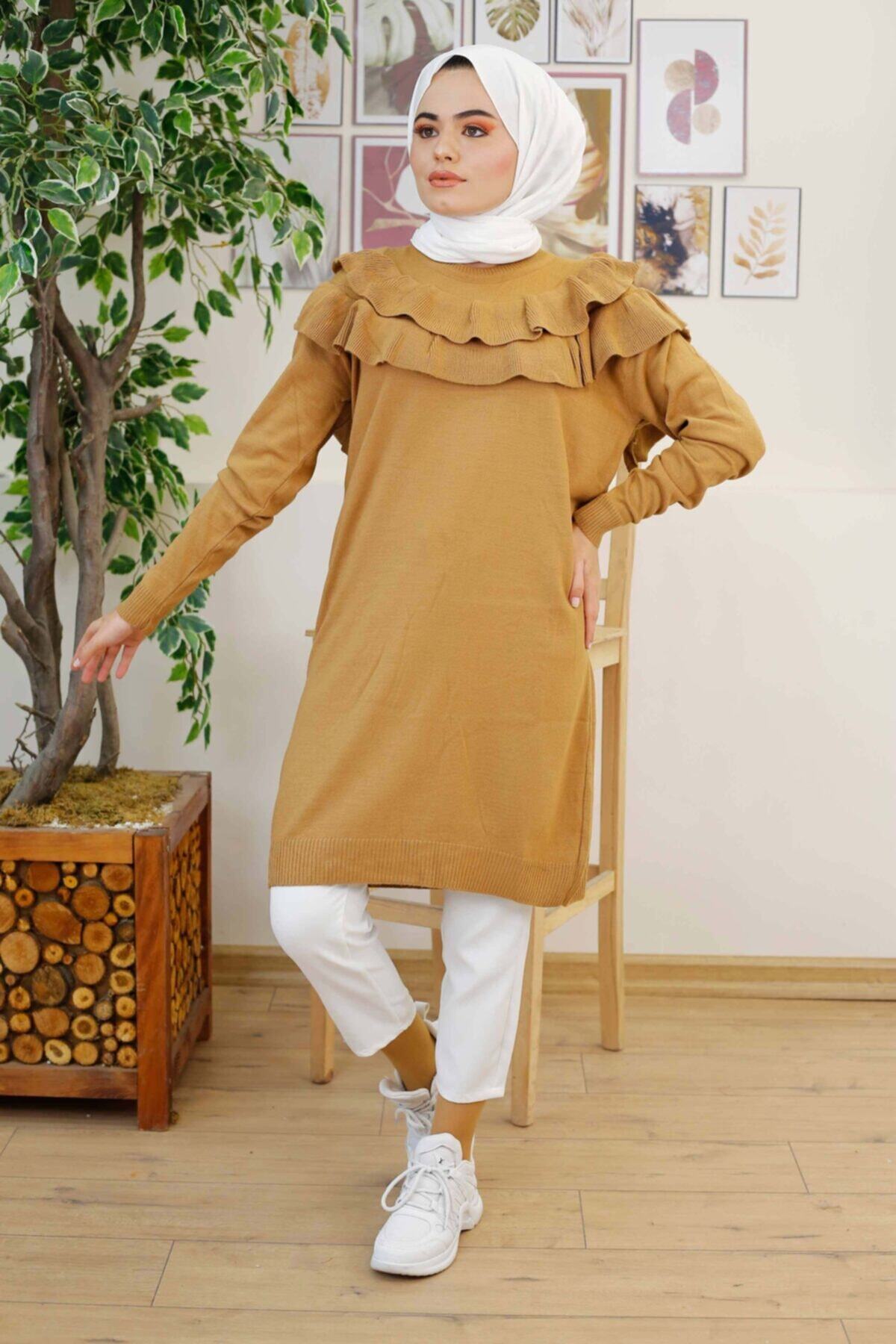 İmajButik Önü Fırfır Detaylı Triko Tunik/camel