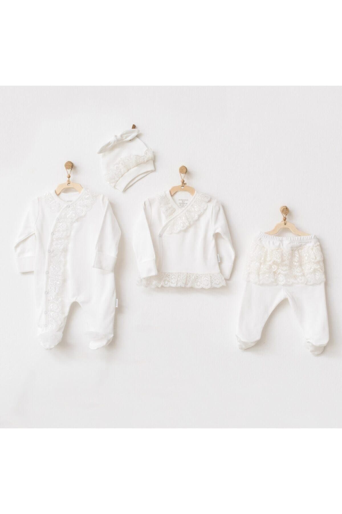 andywawa Kız Bebek Ekru Hastane Cıkısı Tüllü Dantelli 4'lü Pcs Tulle Set Chic Girl