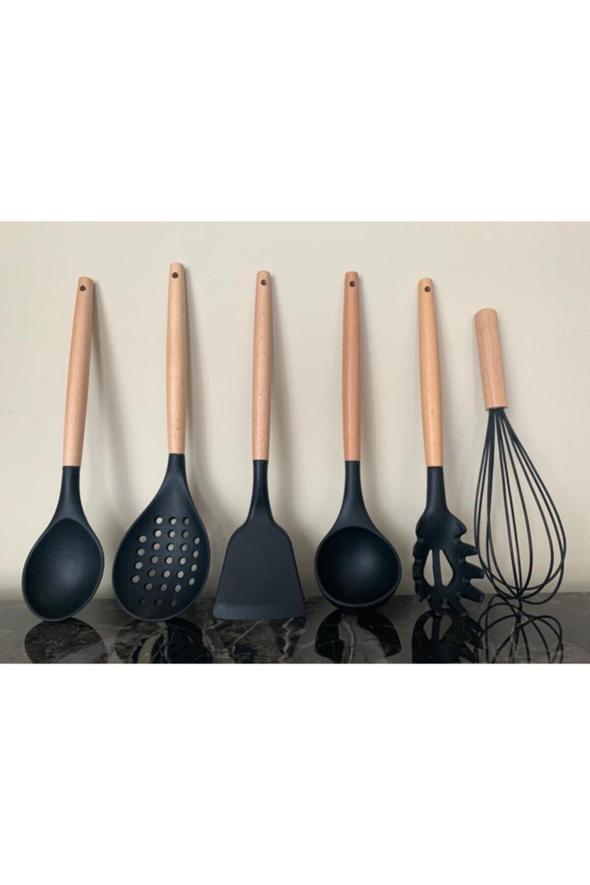 ZUZU MADE Lüks 6 Parça Bambu Saplı Silikon Kepçe Spatula Mutfak Seti - 6'lı Servis Ve Kepçe Seti
