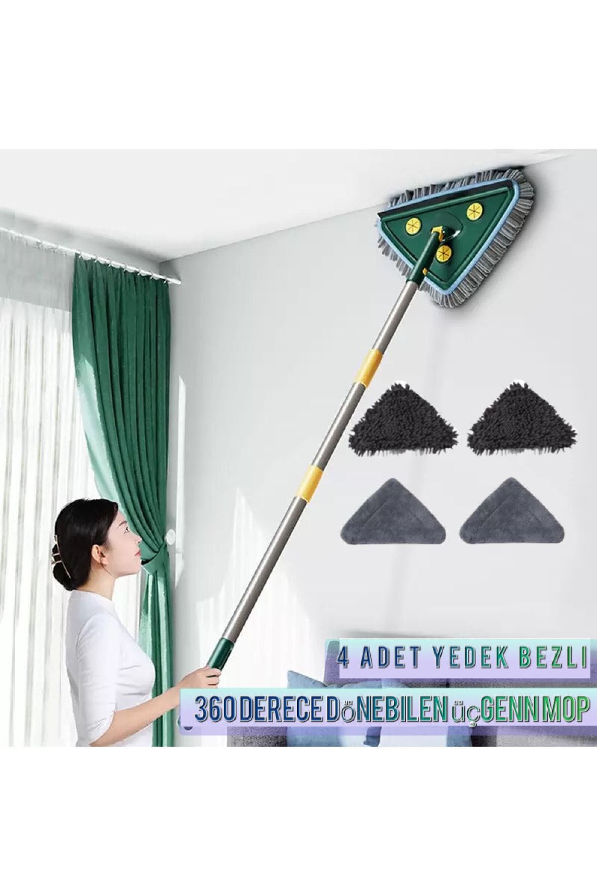 AYLA STAND 4 Bezli Üçgen Cam Parke Fayans Temizleme Mikrofiber Teleskopik Sap