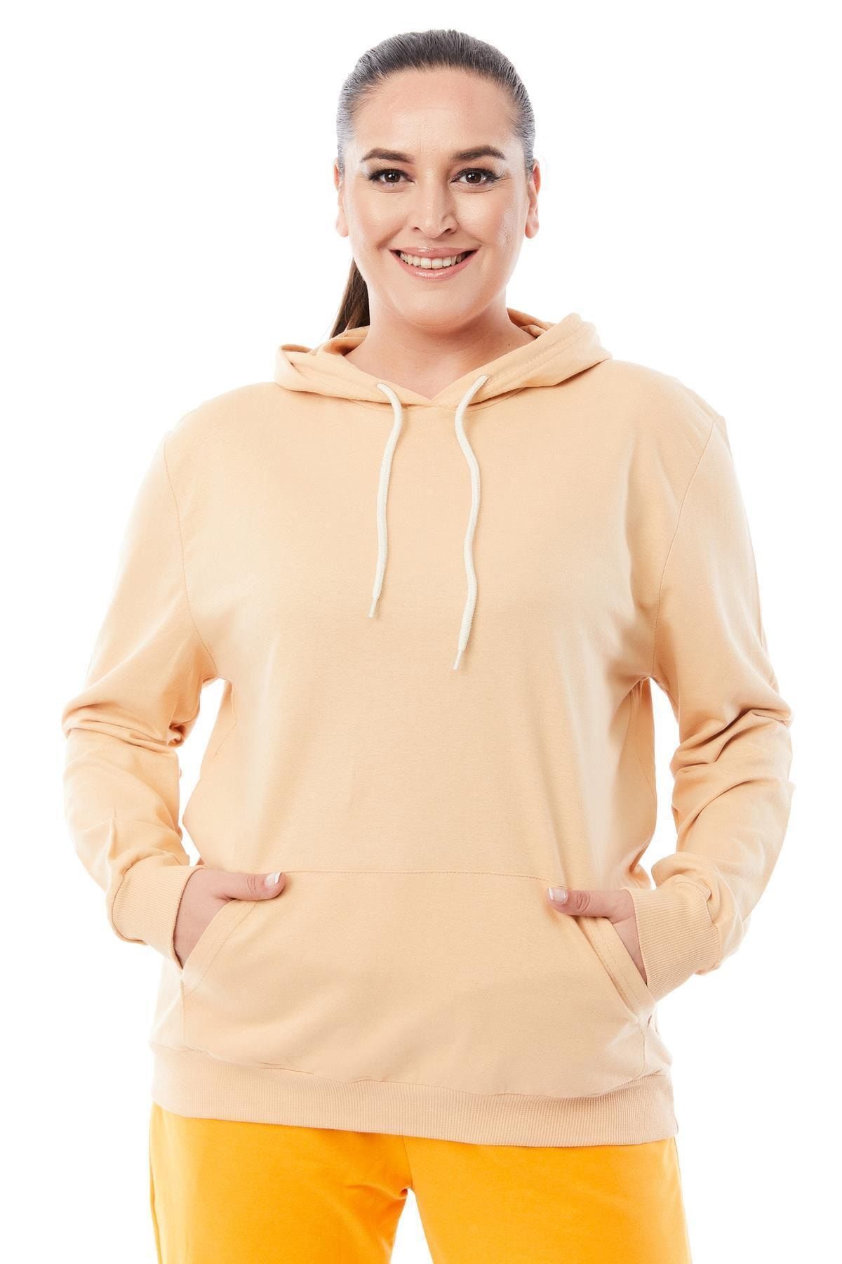 Siyezen Büyük Beden Kapişonlu Kanguru Cepli Camel Basic Sweartshirt