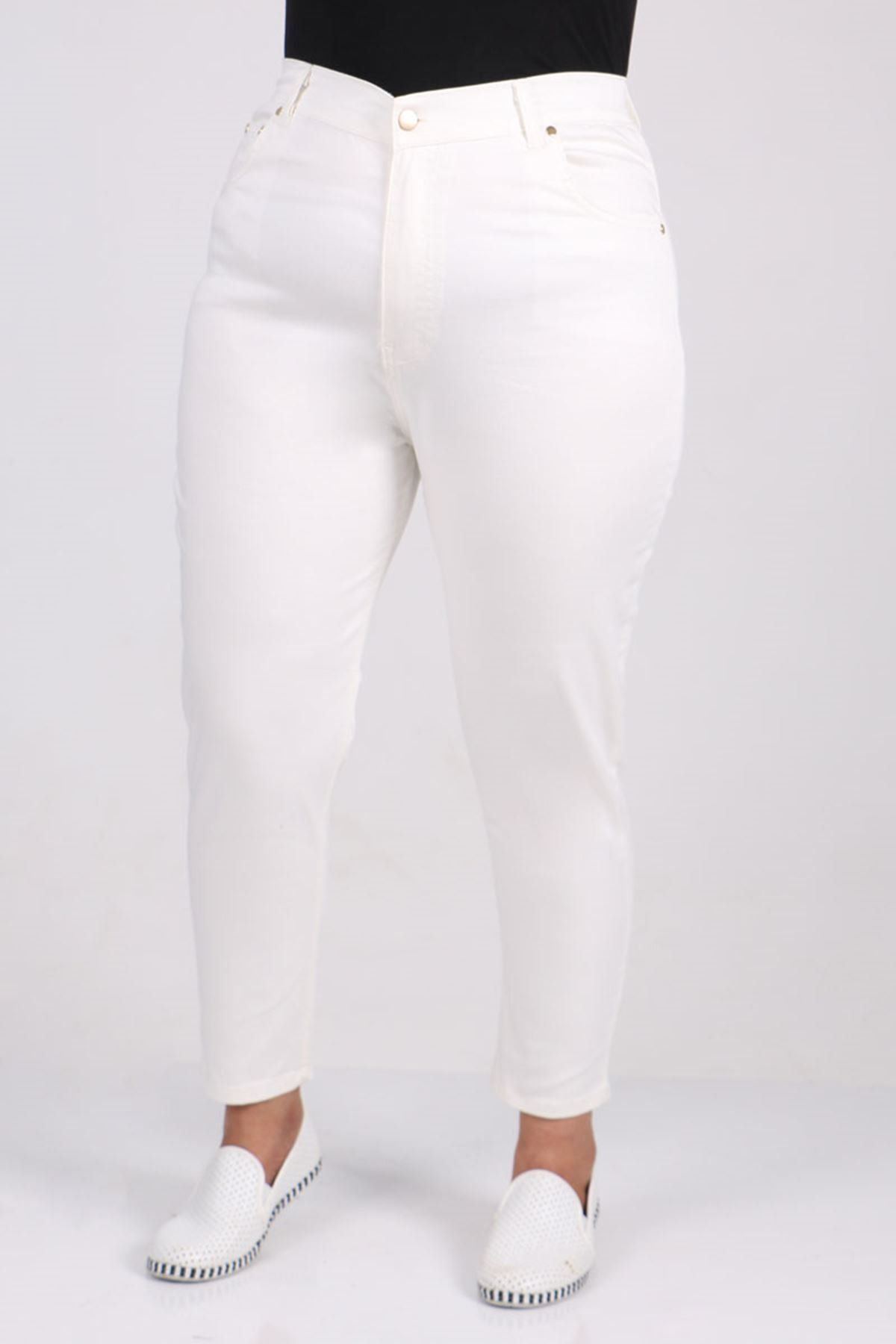 Eslina 9107-1 Büyük Beden Dar Paça Kot Pantalon-beyaz