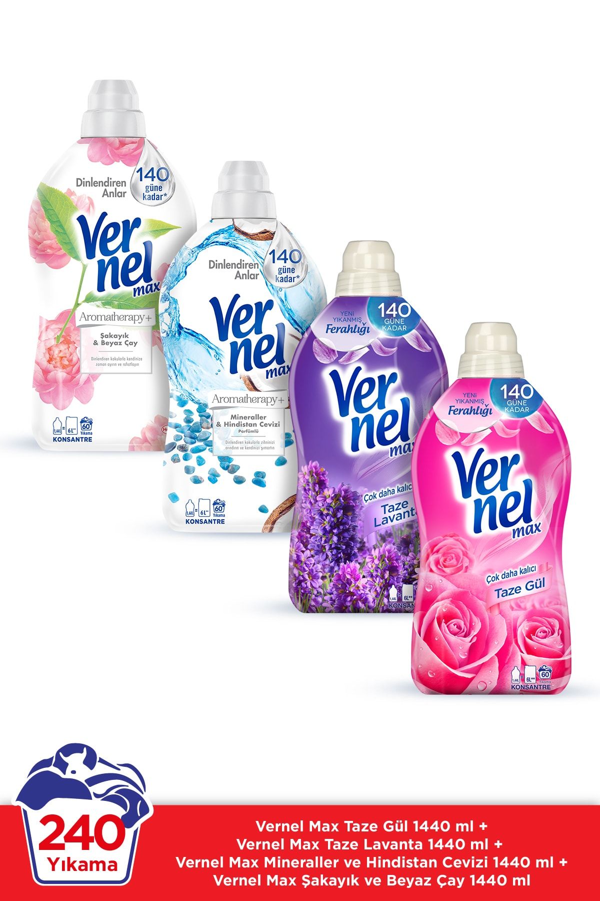 Vernel Max Konsantre Çamaşır Yumuşatıcısı 4 x 1440ml (240 Yıkama) Gül + Lavanta + Hindistan Cevizi +Şakayık