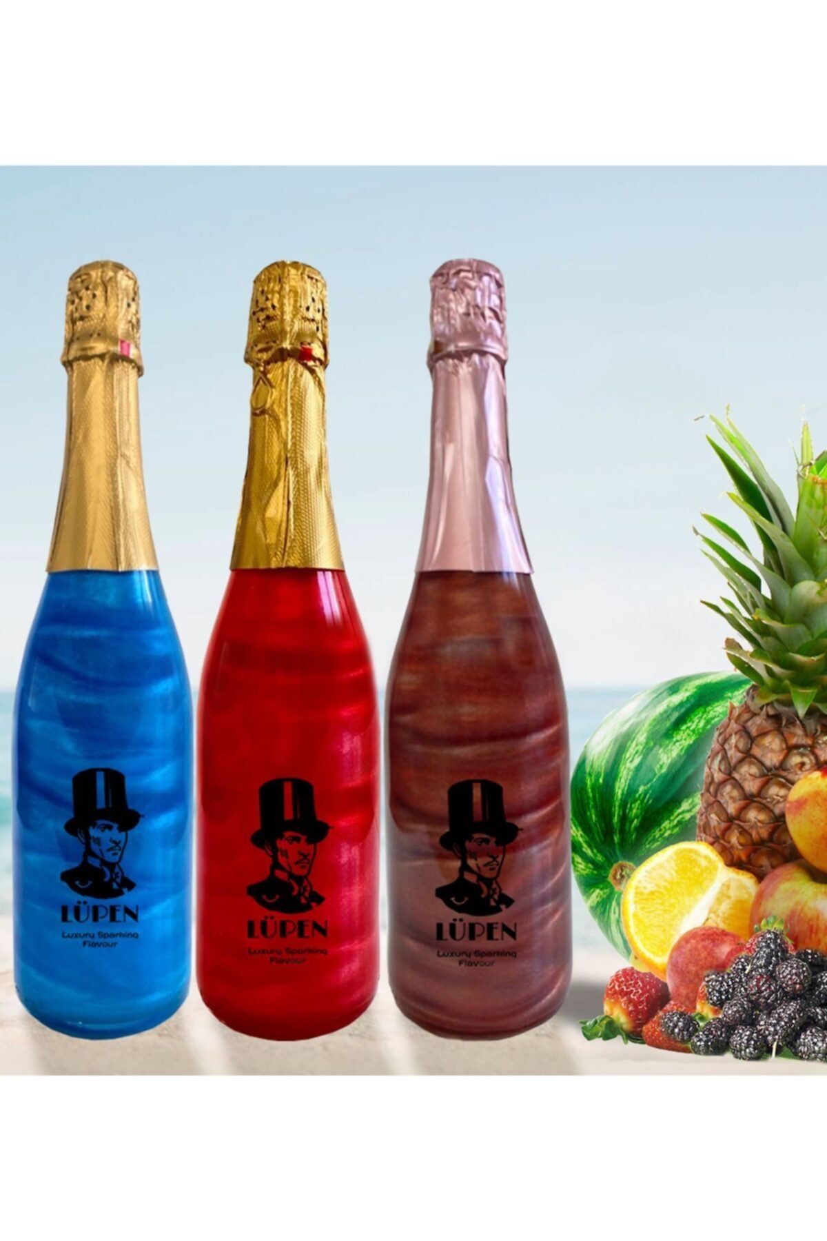 Lüpen Alkolsüz Simli Gazlı İçeçek Tropik Meyve Karpuz Çilek Karadut Aromalı 3 Adet