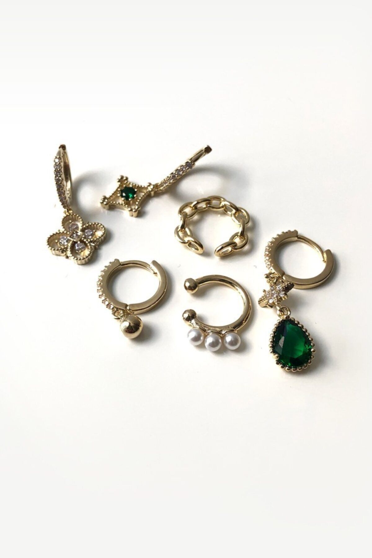 Teen Jewellry Earcufflı Zümrüt Gold Küpe Seti
