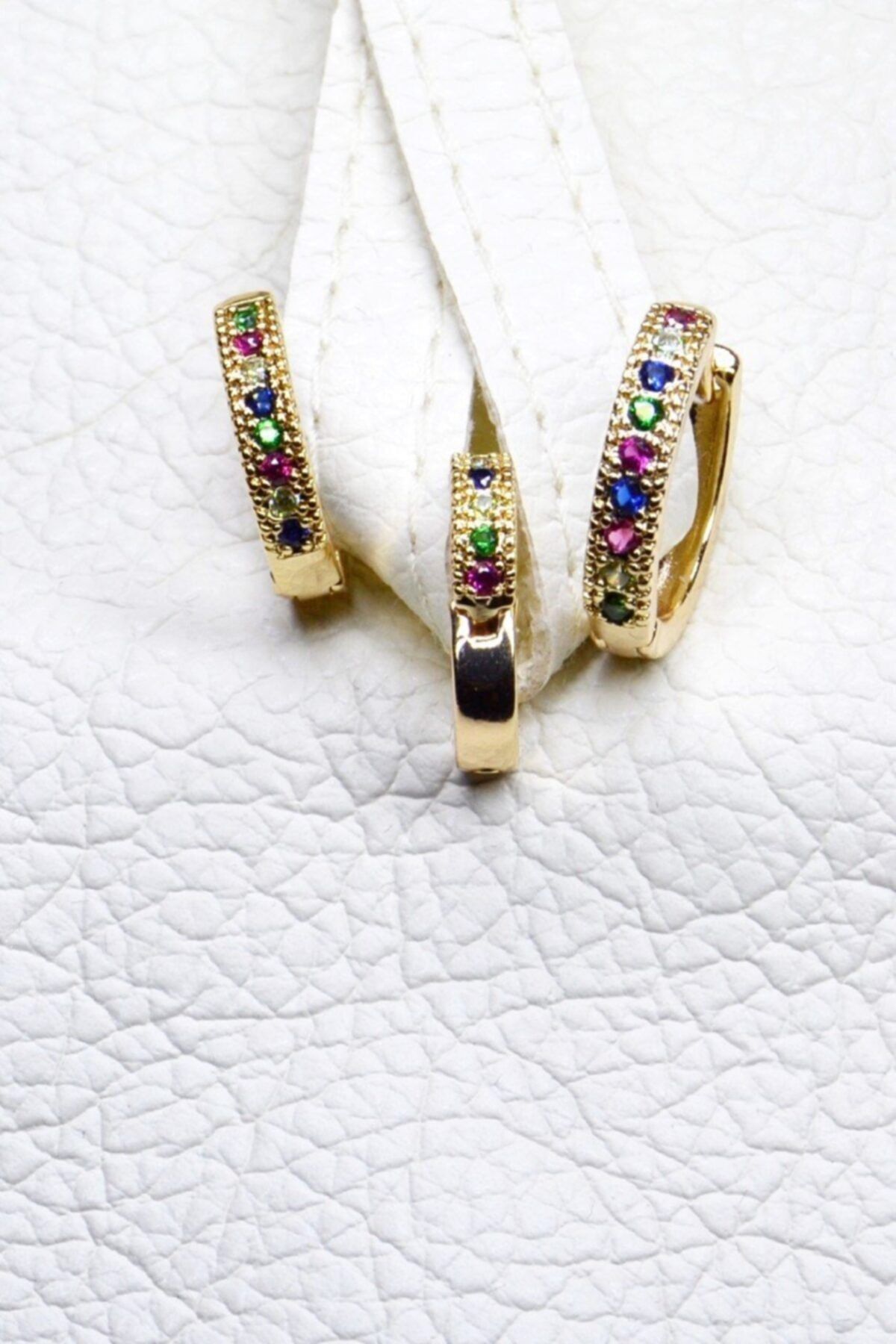 Teen Jewellry Renkli Zirkon Taşlı Gold Üçlü Küpe Takımı