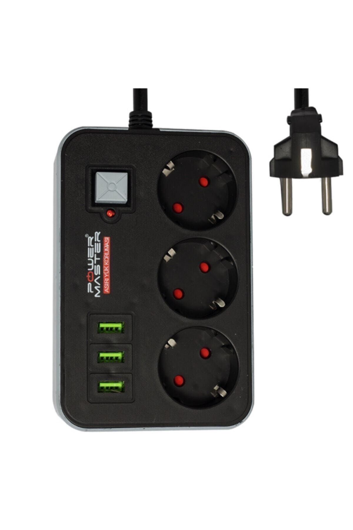 OEM Powermaster Pm-17564 3 Usb Çıkışlı 3lü 1.8 Metre Kablolu Akım Korumalı Priz 10a-2500 Watt