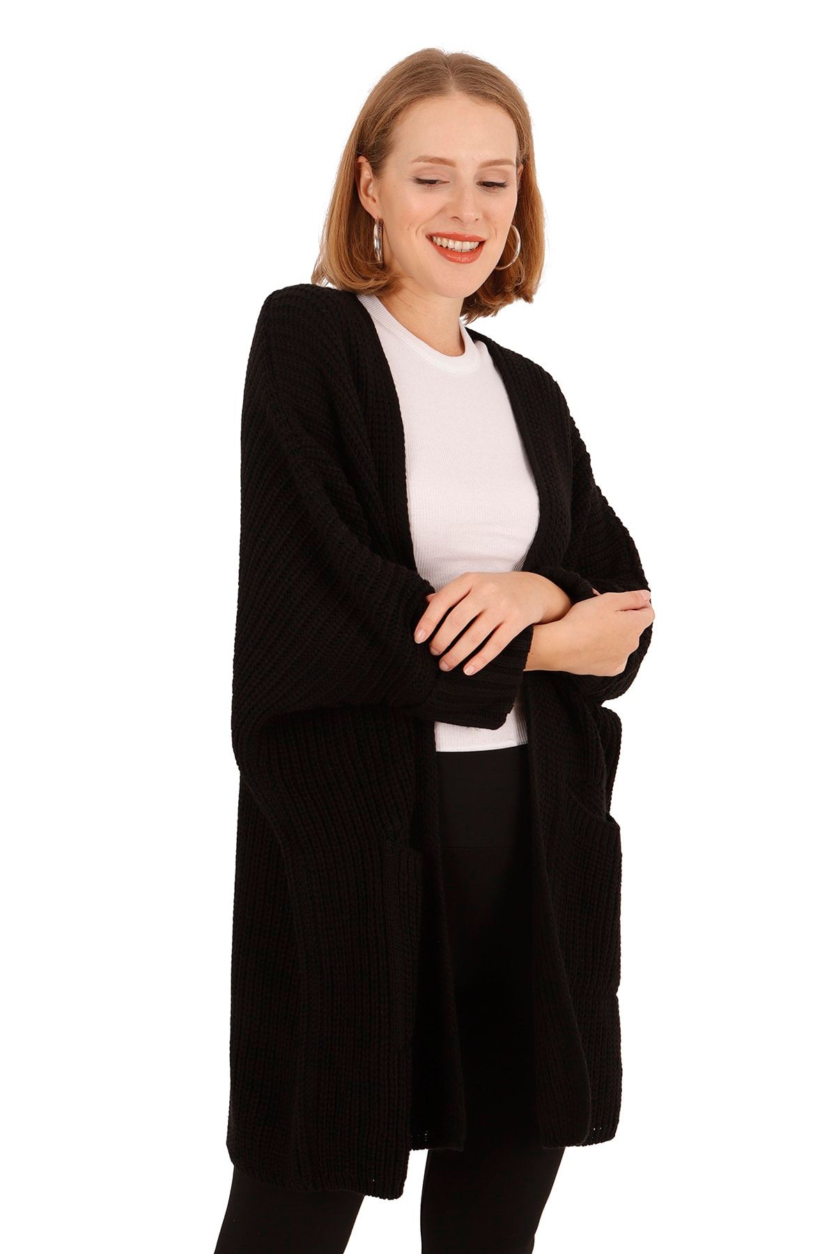 Modagusto Kadın Siyah Oversize Cepli Salaş Örgü Triko Hırka