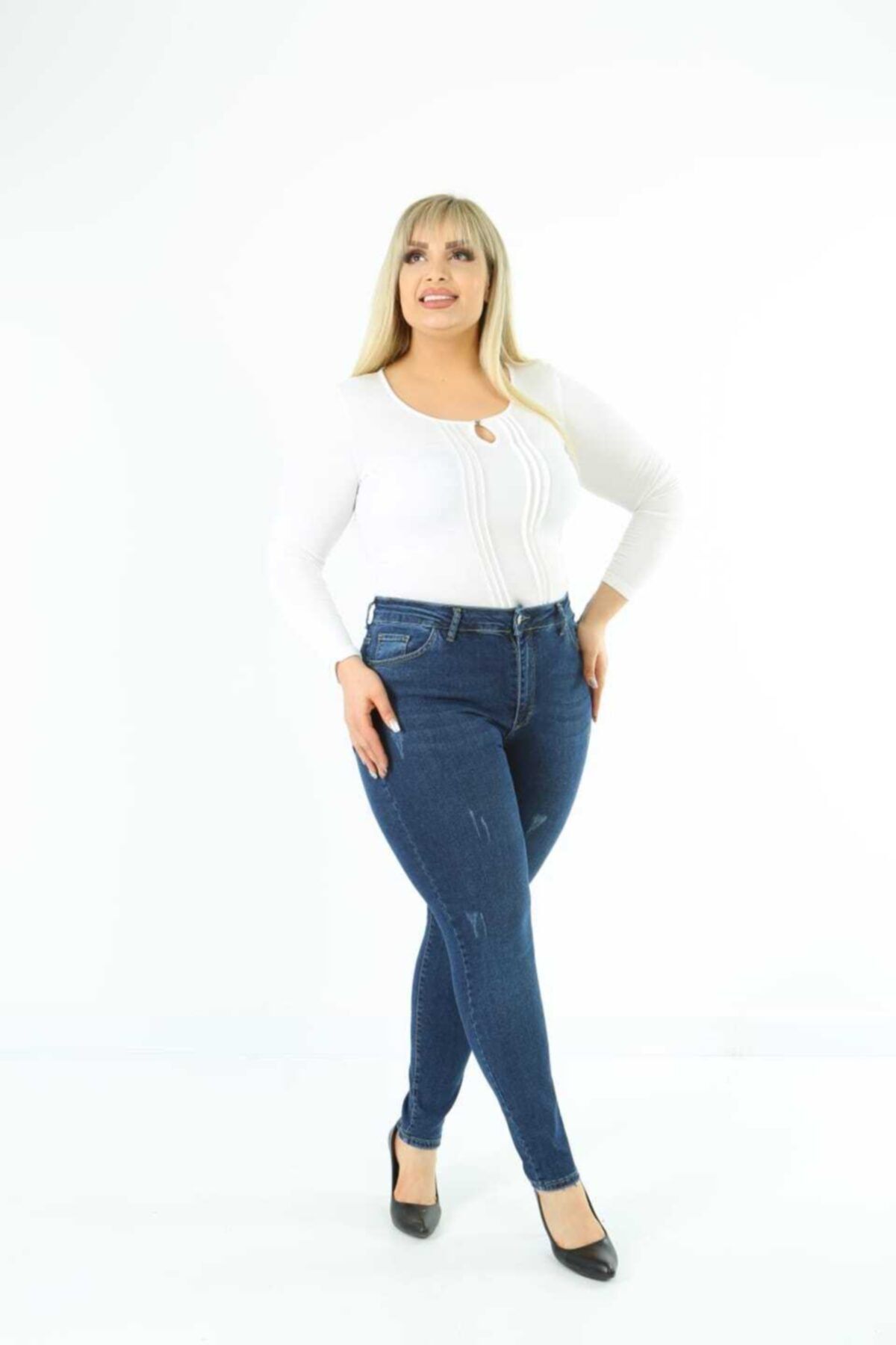 CEDY DENIM Kadın Lacivert Yıpratmalı Yüksek Bel Skinny Fit Jeans Büyük Beden Kot Pantolonc597