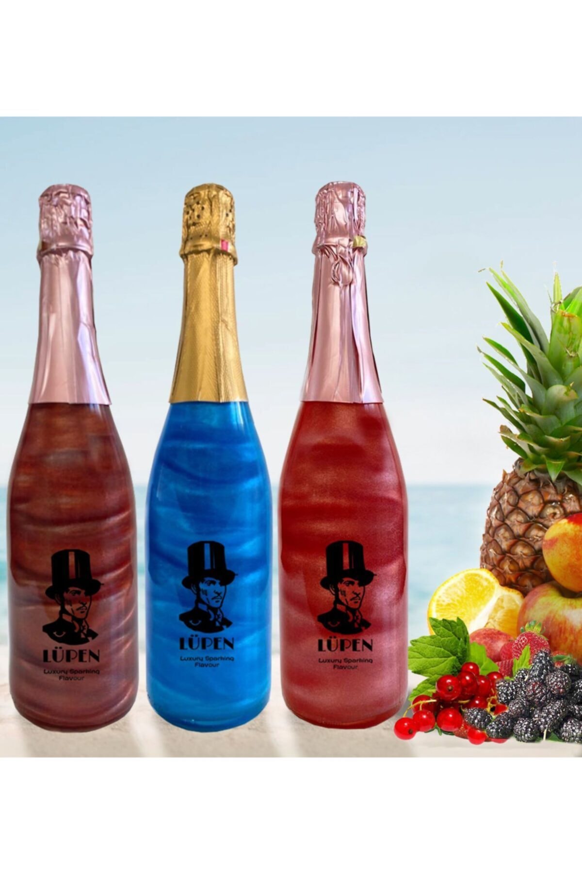 Lüpen Alkolsüz Simli gazlı içecek Tropik Meyve Frenk Üzümü Karadut Aromalı 3 Adet