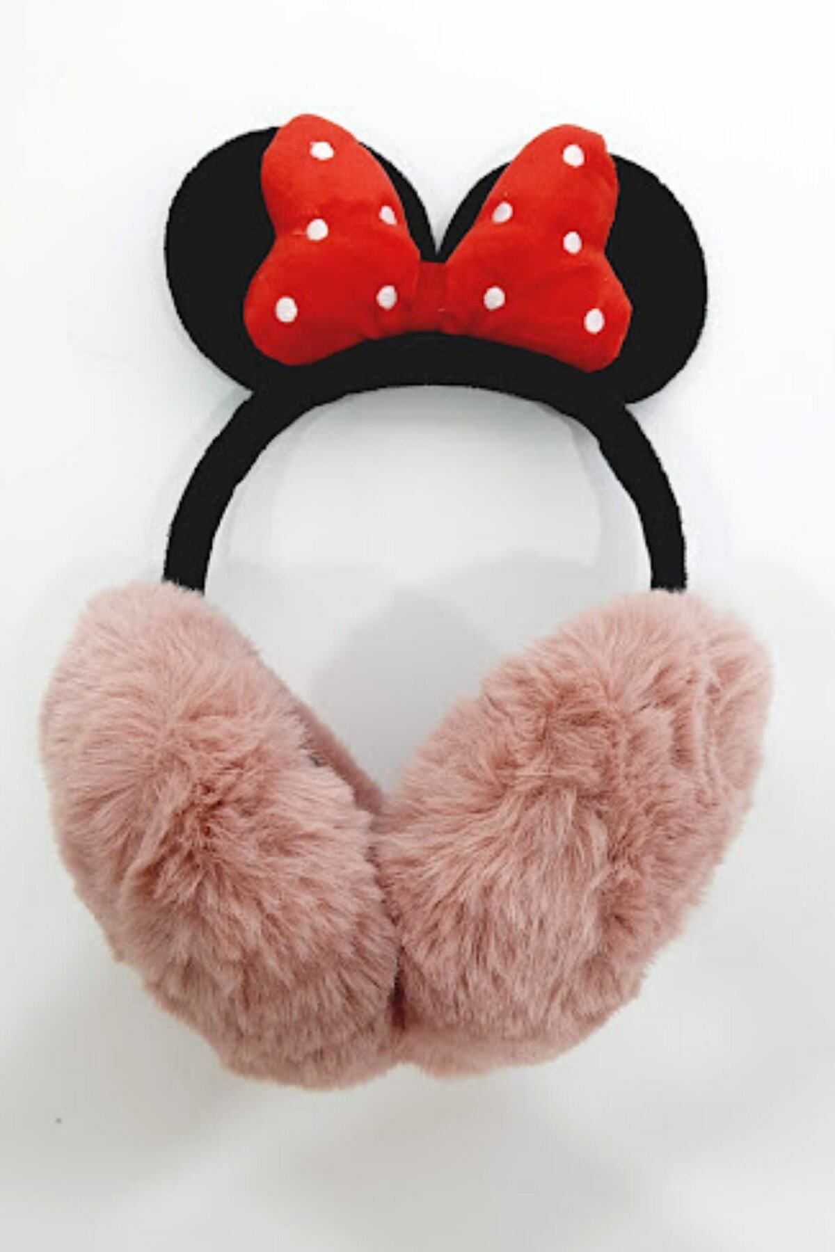 PETEK AKSESUAR Mickey Fiyonk Peluş Tüylü Soğuktan Koruyucu Kışlık Kulaklık Pudra Pembe