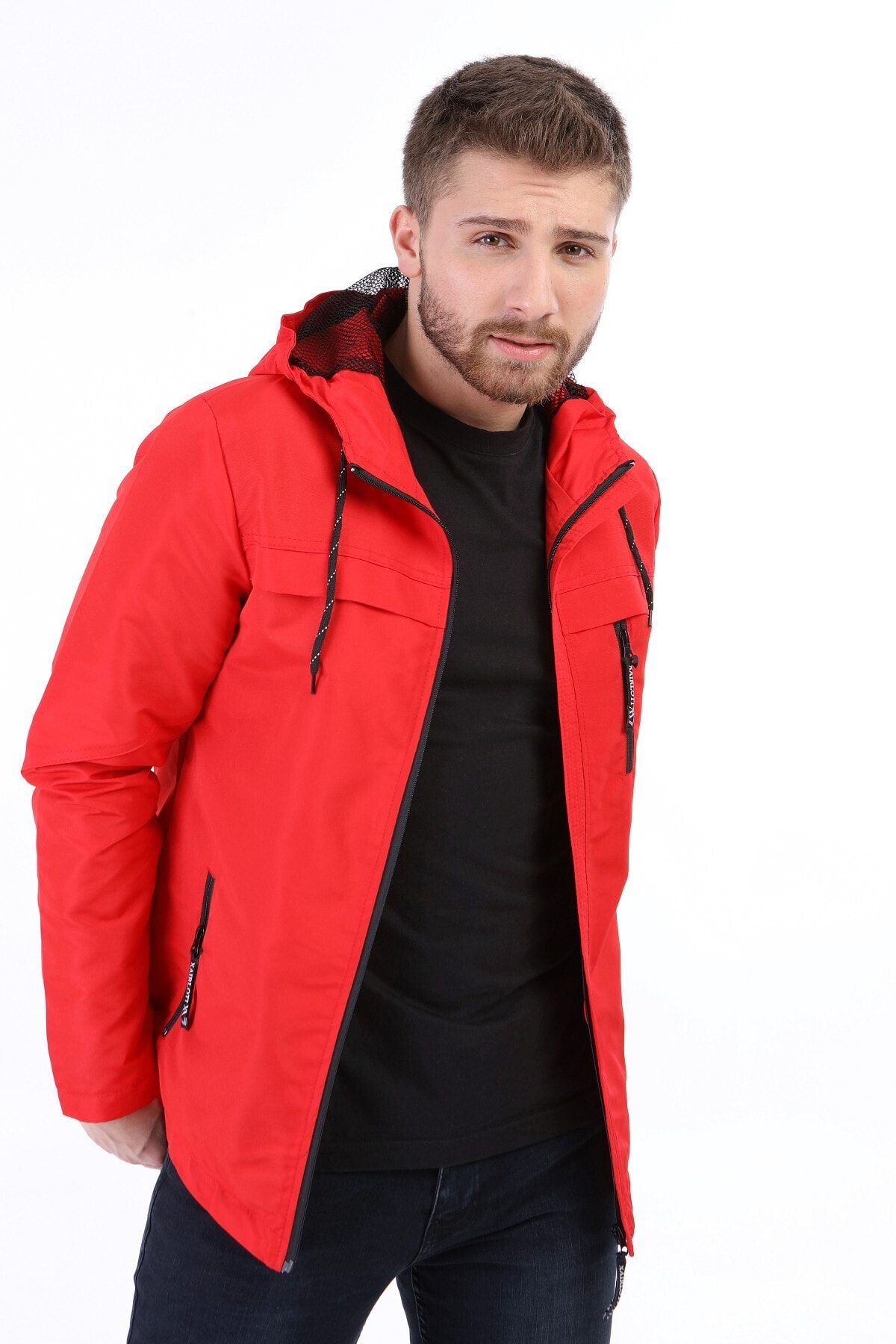 Fk class Erkek Zodyak Kapşonlu Su Geçirmez Yağmurluk Kırmızı