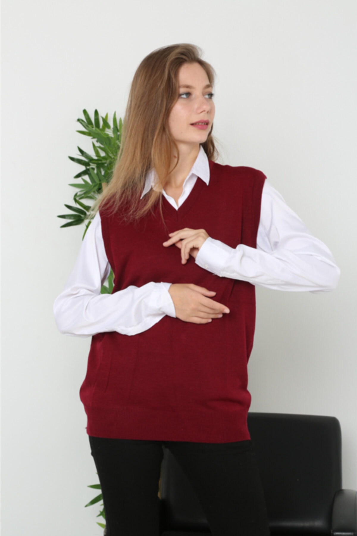 sbt SilverBeltTextil Kadın Bordo V Yaka Süveter Yelek