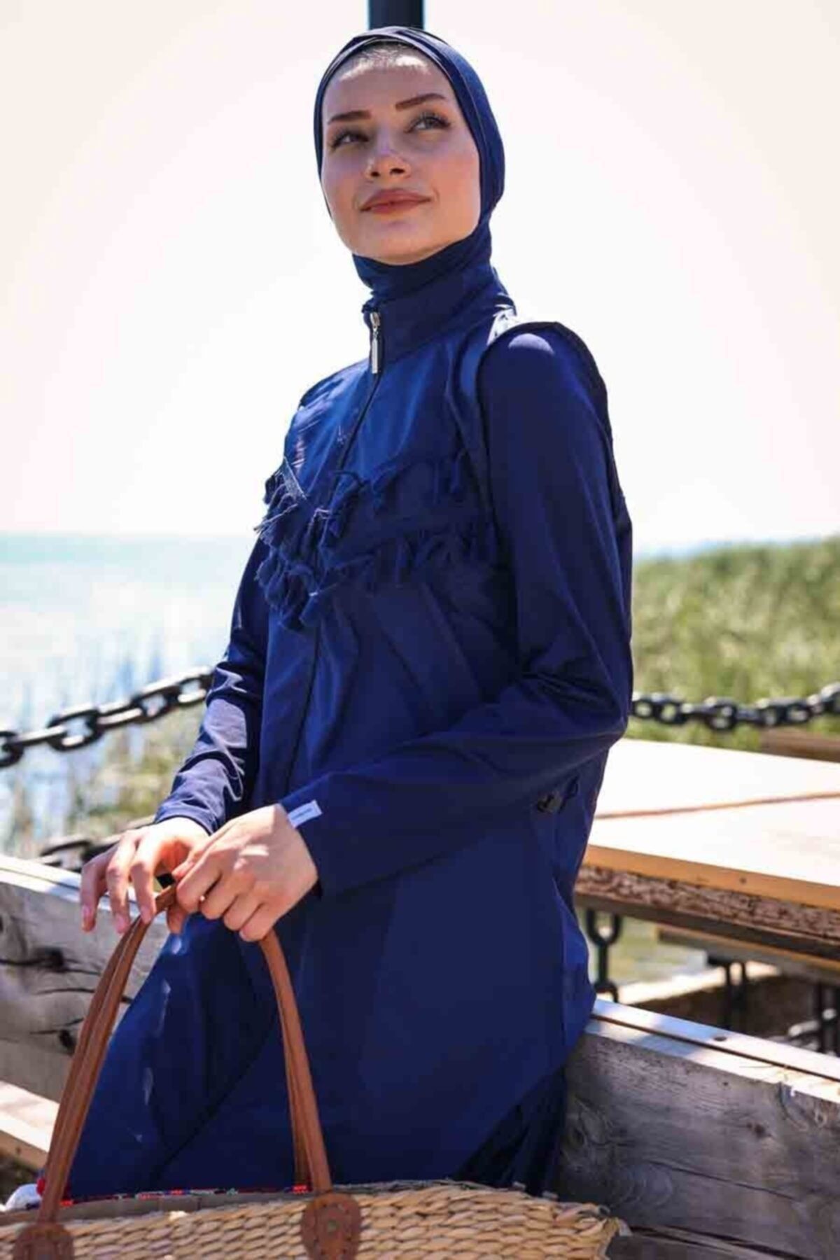 Neva Style Püsküllü Basic Model Fermuarlı Lacivert Tam Kapalı Tesettür Mayo 4’lü Set Marina Mayo 1998