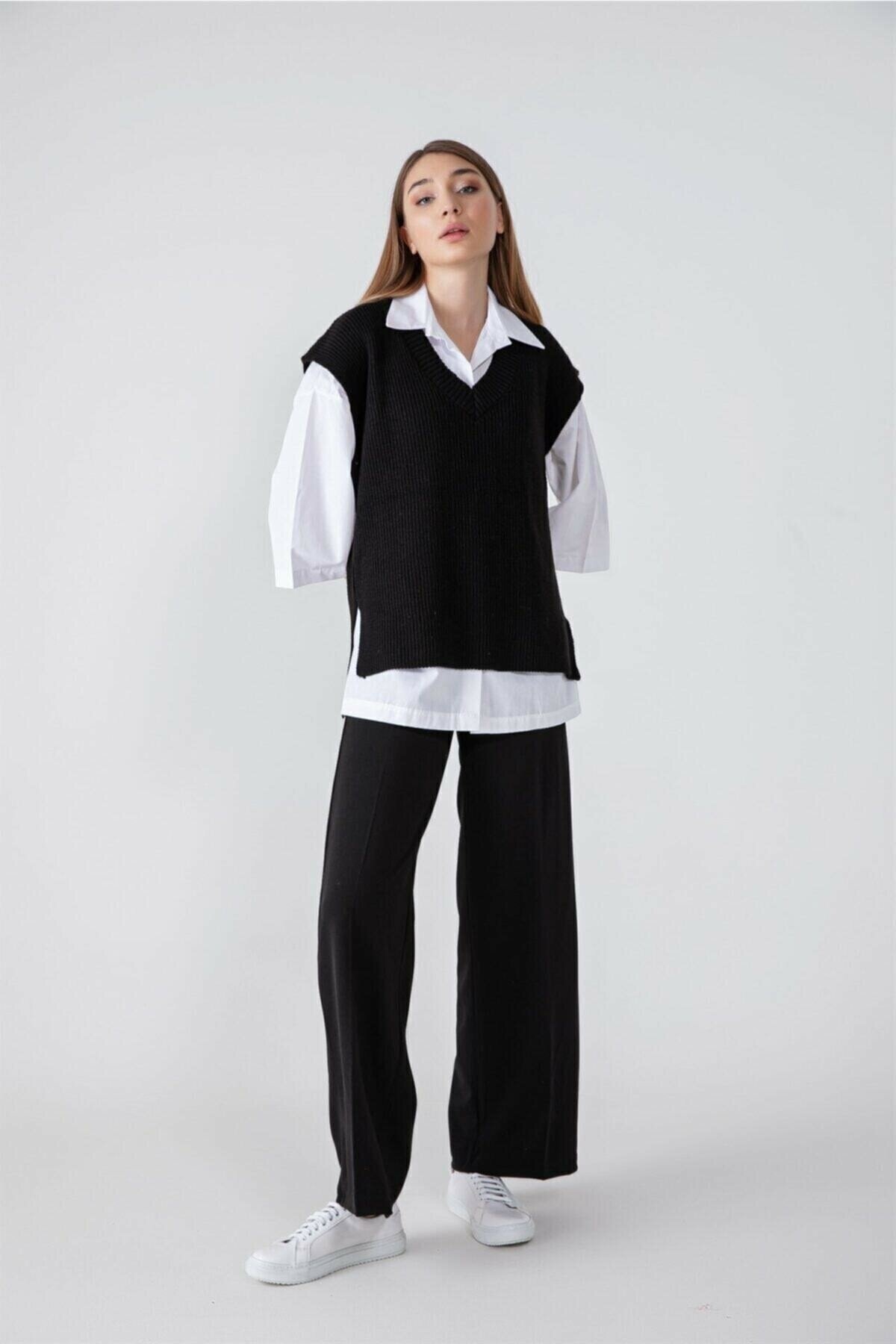 winter club V Yaka Yırtmaçlı Triko Süveter -siyah