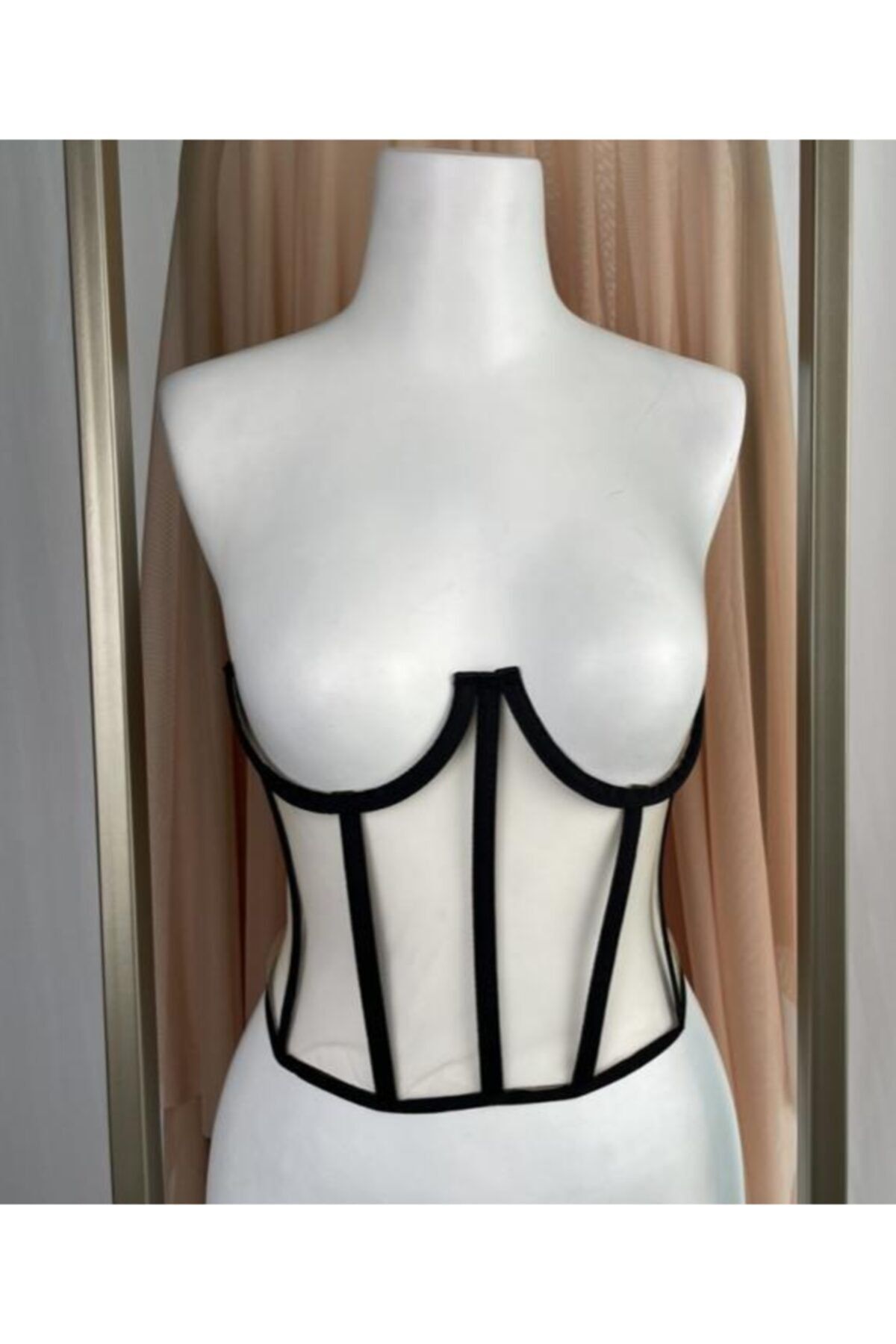 COMPANERO SHOP Siyah Krem Çizgili Elbise Üstü Korse Vintage