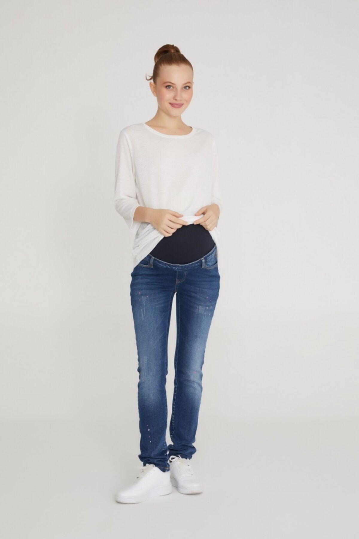 VAVIEN Slim Fit Damlatmalı Mavi Hamile Jean 1012