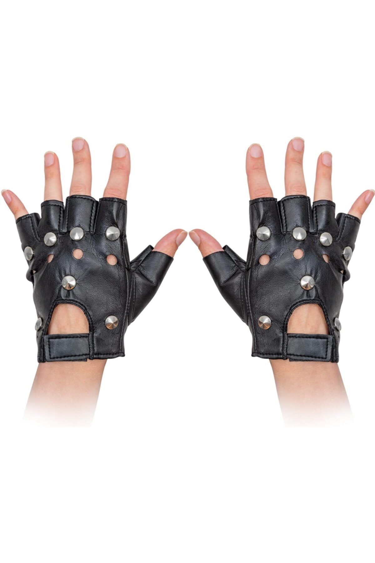 Berrinstore Siyah Renk Deri Punk Gotik Eldiveni Parmaksız Motorcu Eldiveni