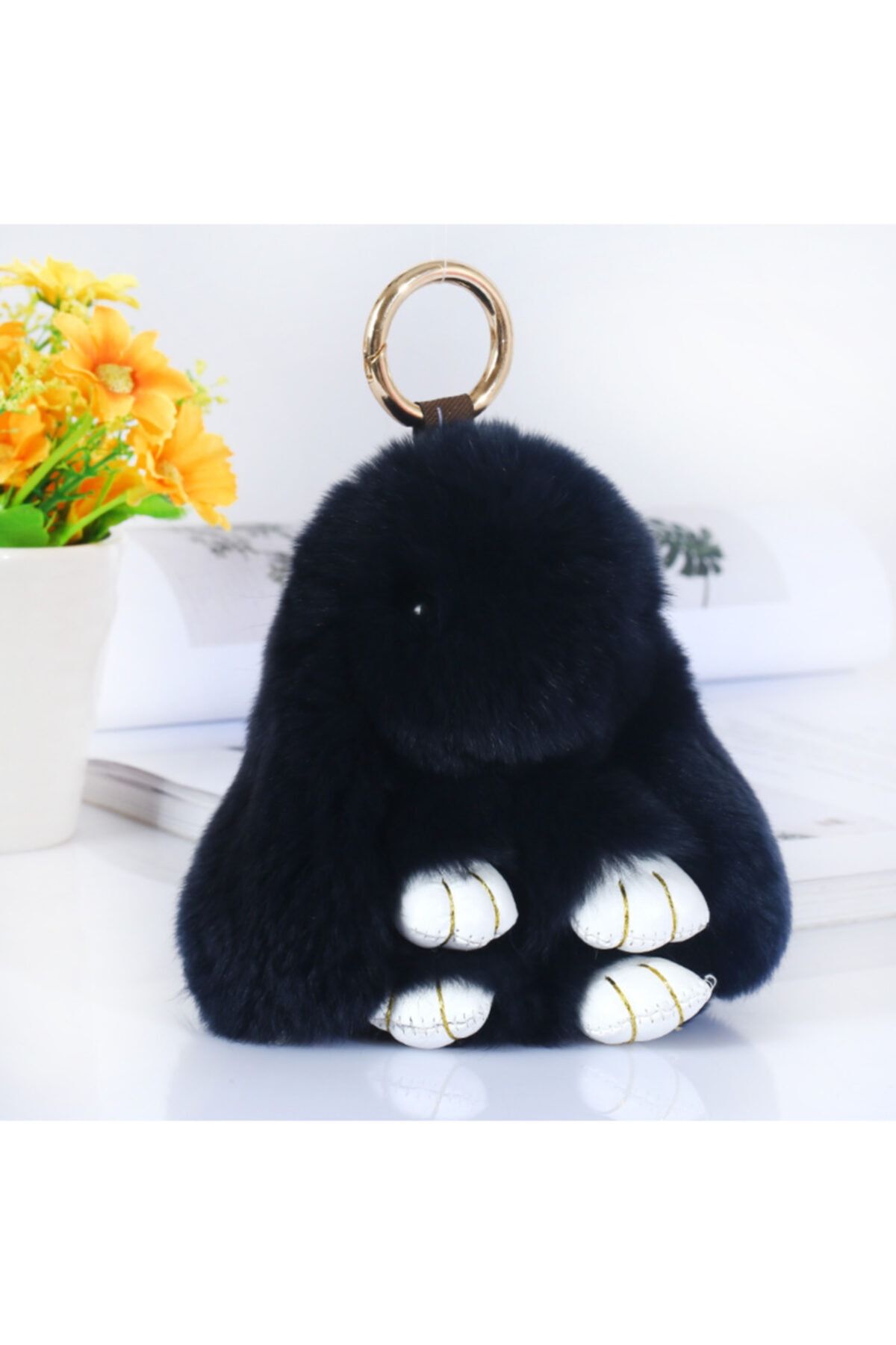 ELSELİFE Suni Kürklü Sevimli Yumuşak Peluş Tavşan Anahtarlık & Çanta Aksesuarı Çanta Süsü 18 Cm. Siyah Renk