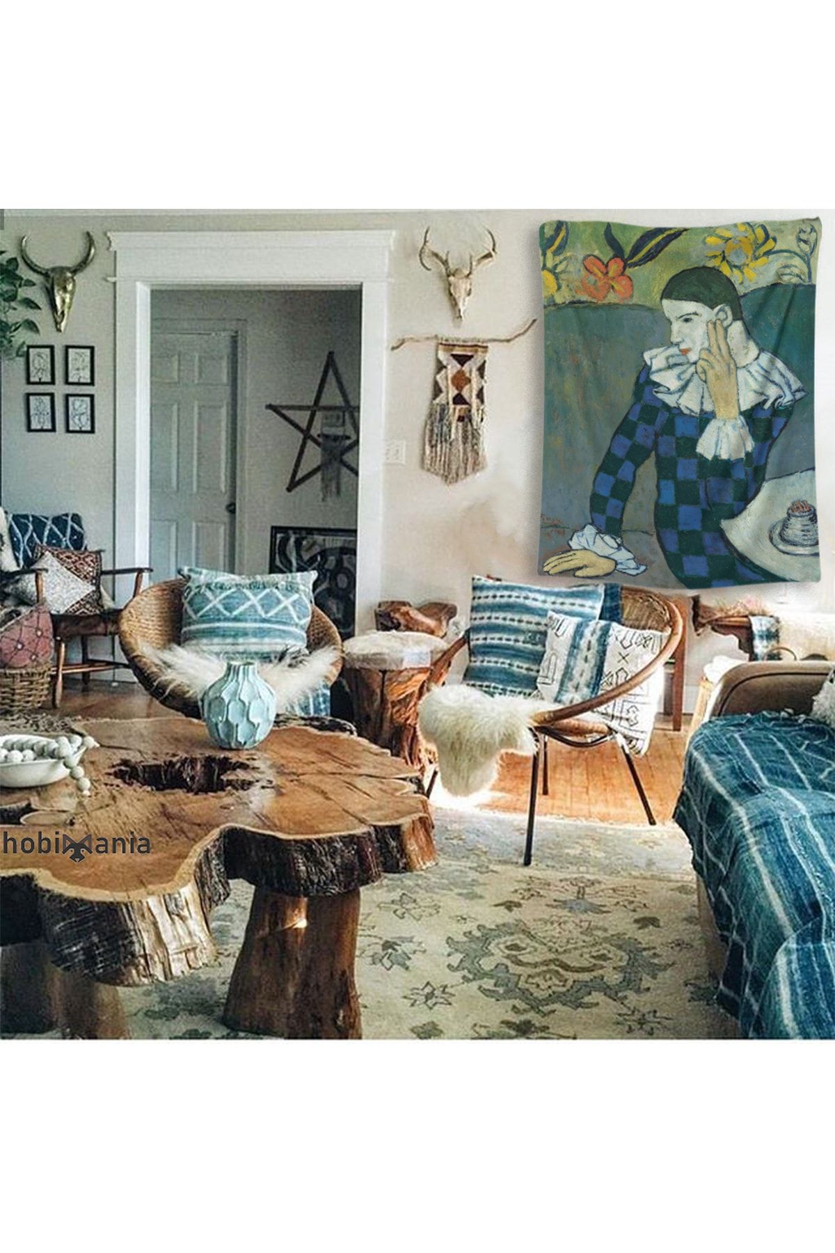 Hobimania Duvar Örtüsü Tapestry Pablo Picasso Seated Harlequin 150x100 Cm Duvar Dekorasyon Moda