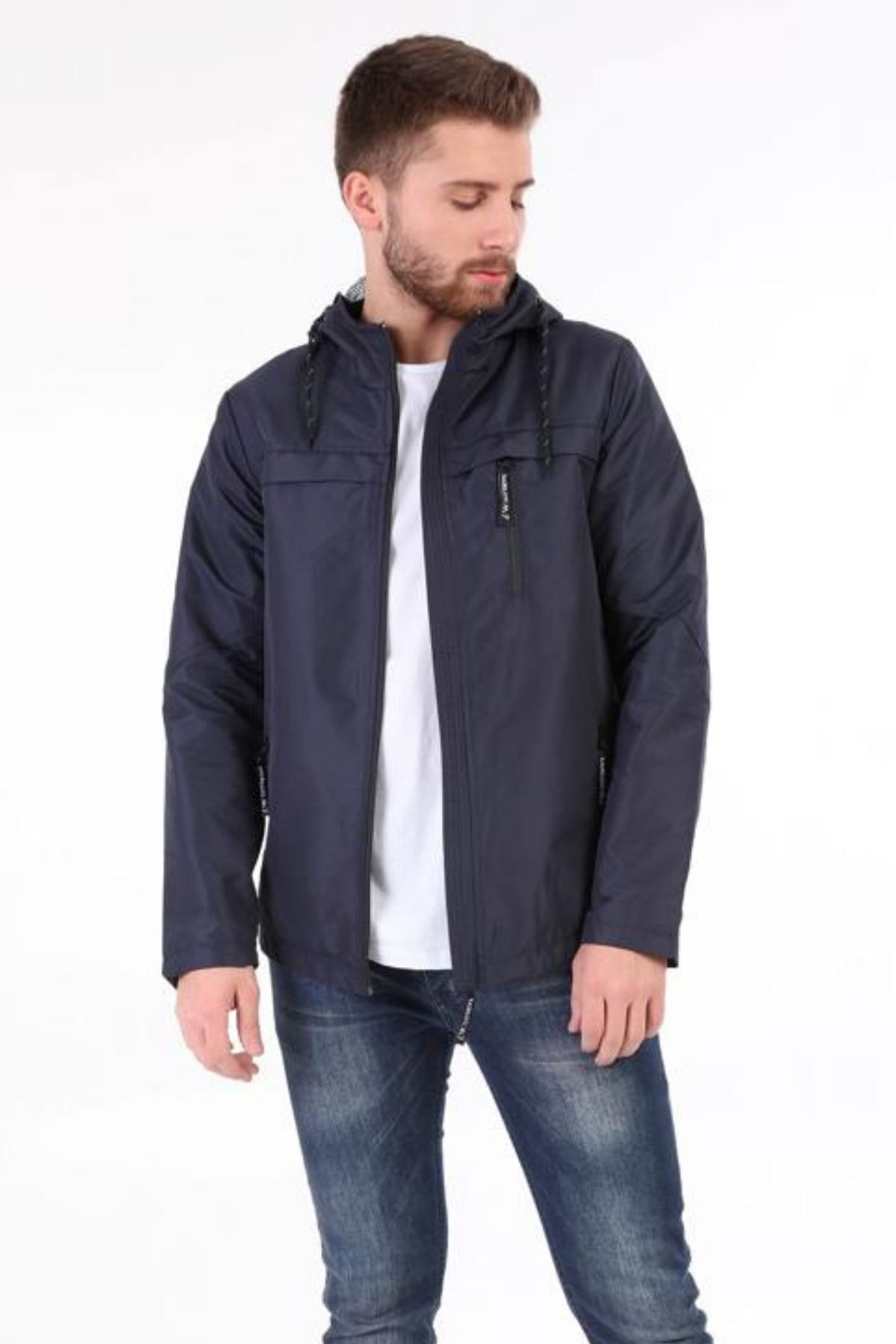 SKYMOOD Erkek Rüzgar Ve Suya Dayanıklı Su Geçirmez Mevsimlik Kapüşonlu Lacivert Yağmurluk