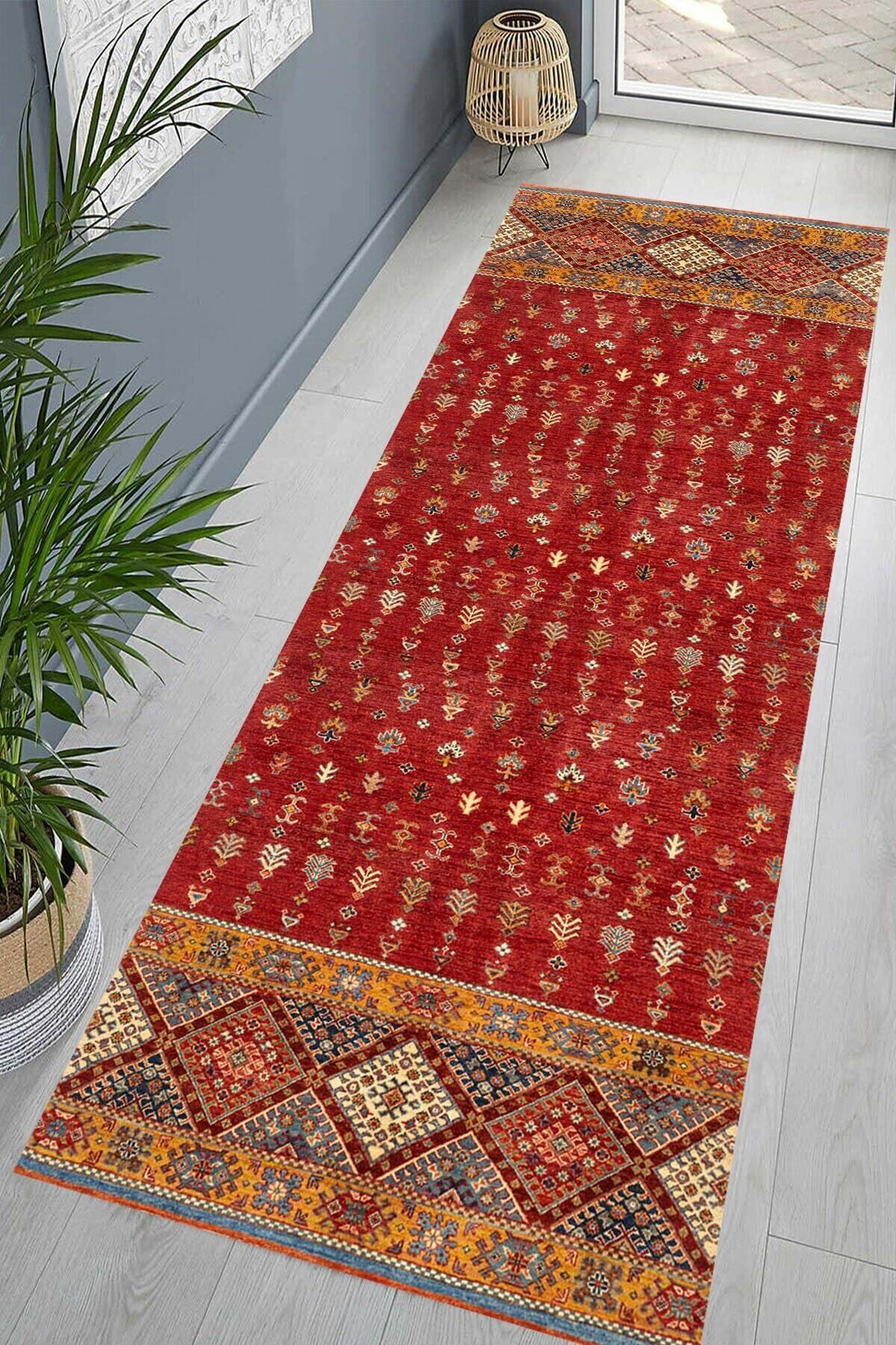 BellaCarpetto Vintage Dijital Baskı Yıkanabilir Kaymaz Dot Taban Salon Halısı Mutfak Halısı Yolluk