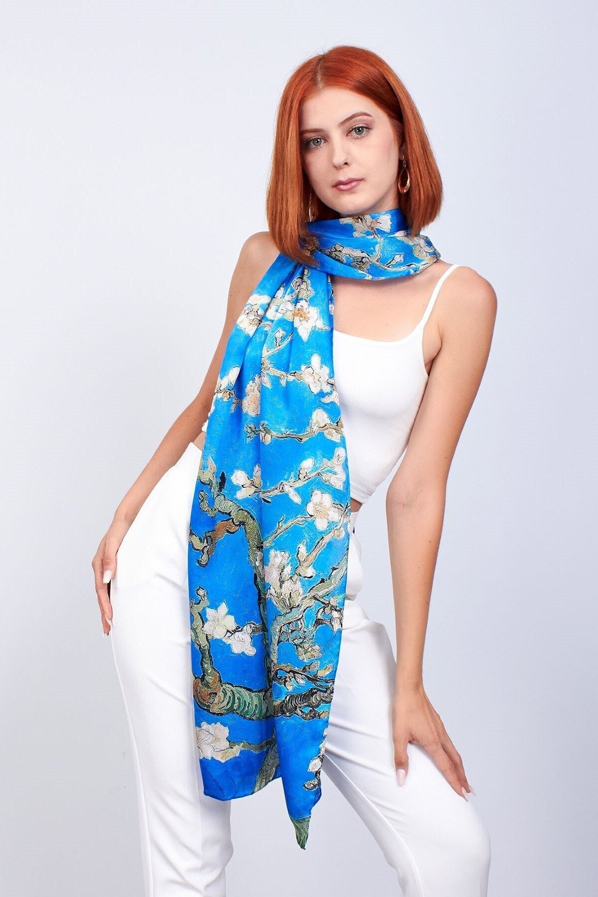 Nomads Felt Kadın %100 Ipek Mavi Fular Van Gogh Almond Blossoms