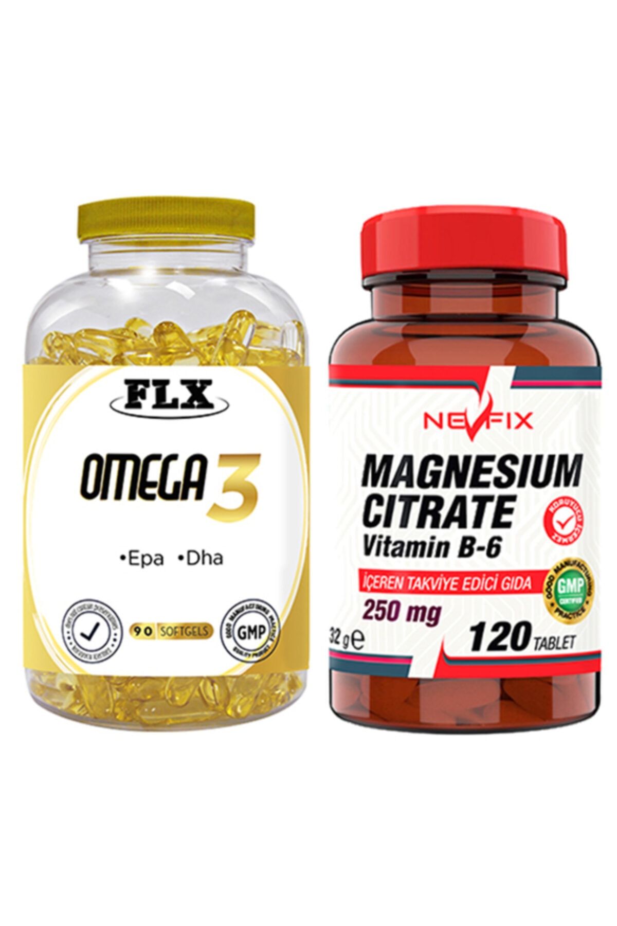 FLX Omega 3 Balık Yağı 90 Softgel & Nevfix Magnesıum Cıtrate Vitamin B-6 120 Tablet