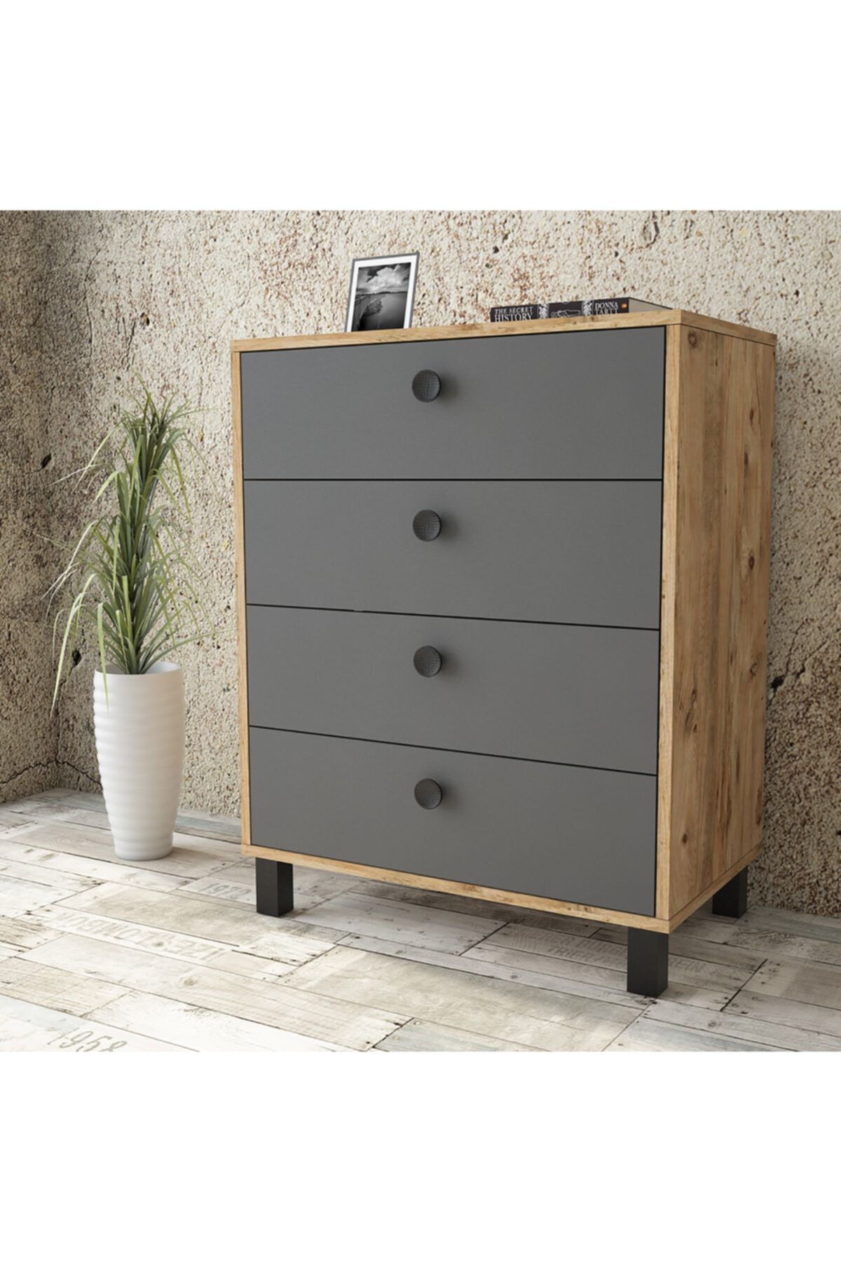 L'occi Concept Lisa Şifonyer Ahşap Ayak 4 Çekmece Çam Antrasit Siyah Ls80-228