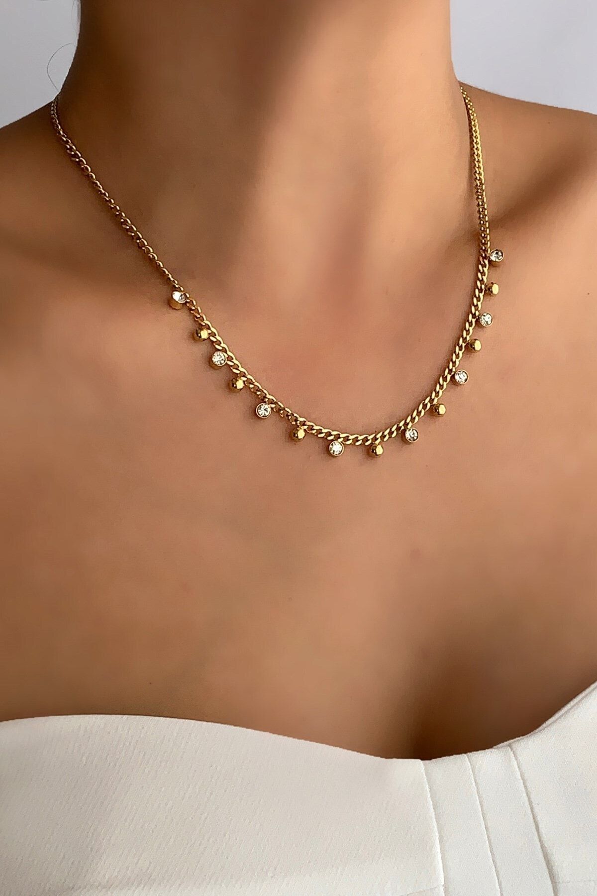 Çlk Accessories Çelik Sıralı Taş Ince Klasik Zincir Çelik Kolye Trkolye5723 B35503