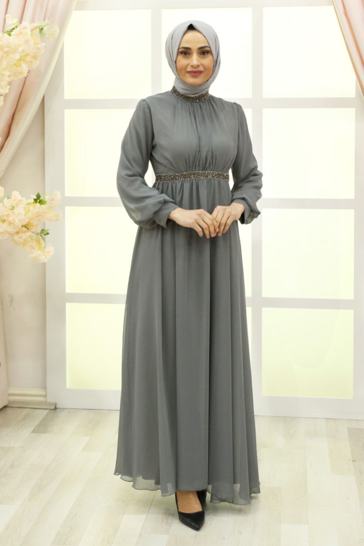 Feiza Collection Taş Detaylı Tesettür Abiye Elbise Gri