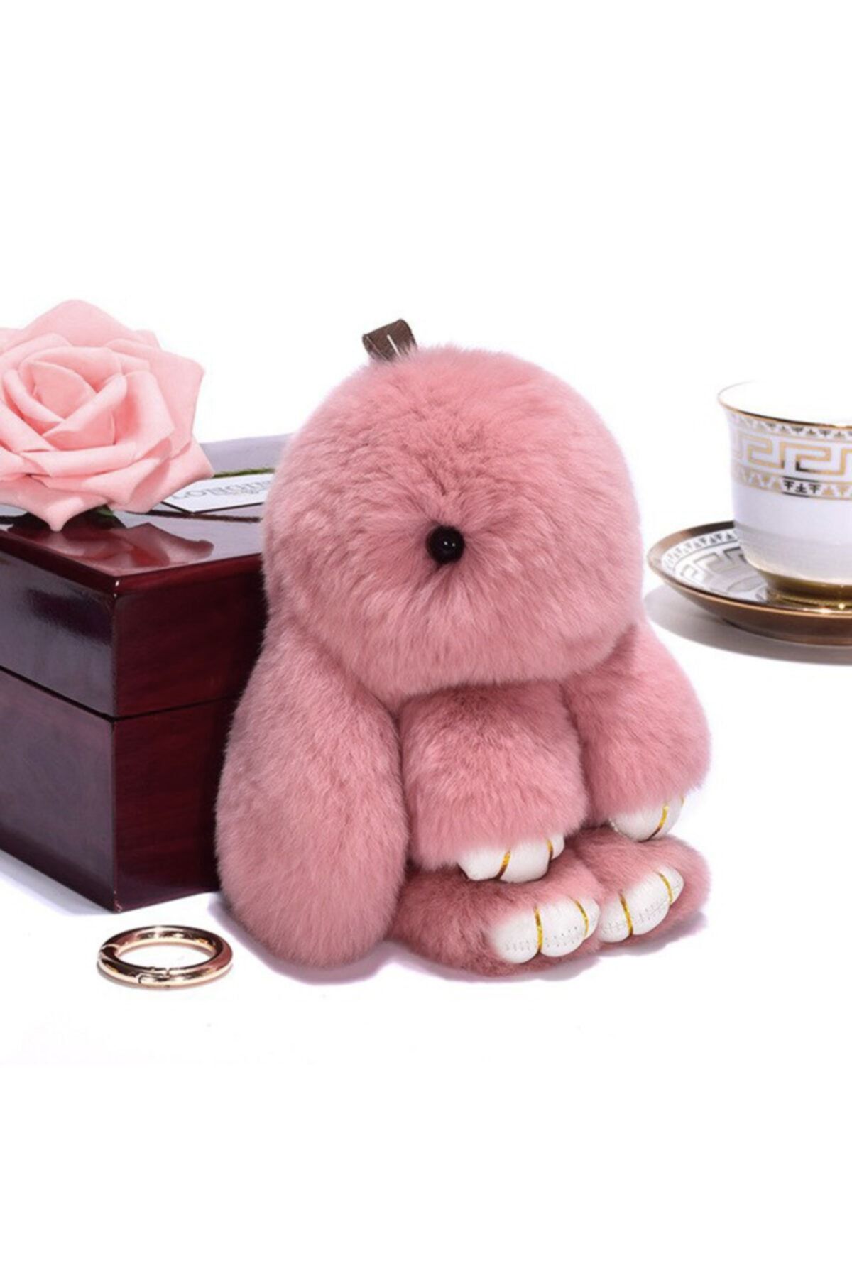 ELSELİFE Suni Kürklü Sevimli Yumuşak Peluş Tavşan Anahtarlık Çanta Aksesuarı Çanta Süsü 18 cm Pudra Rengi