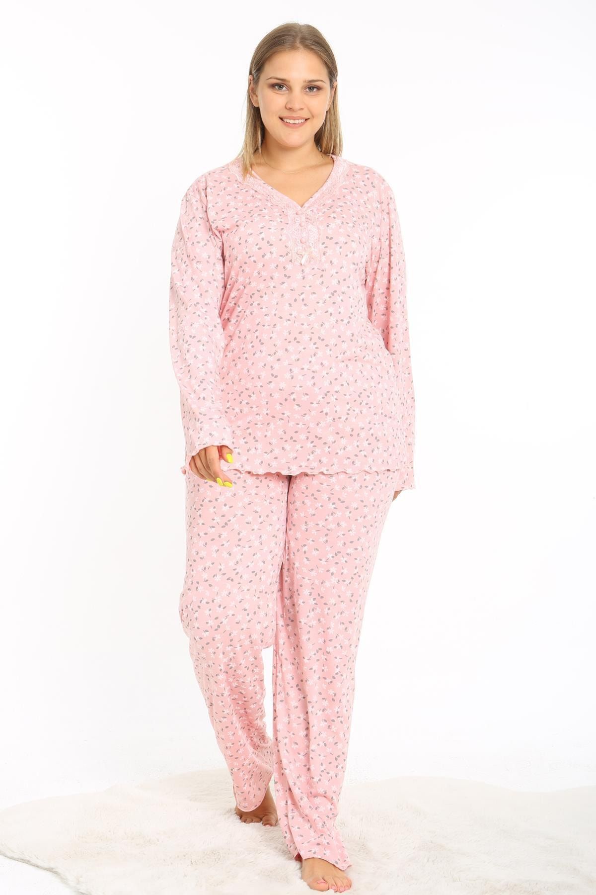 Ladies First Büyük Beden 8088 Pudra Pijama Takım Desenli Likralı Doğal Kumaştan Uzun Kollu