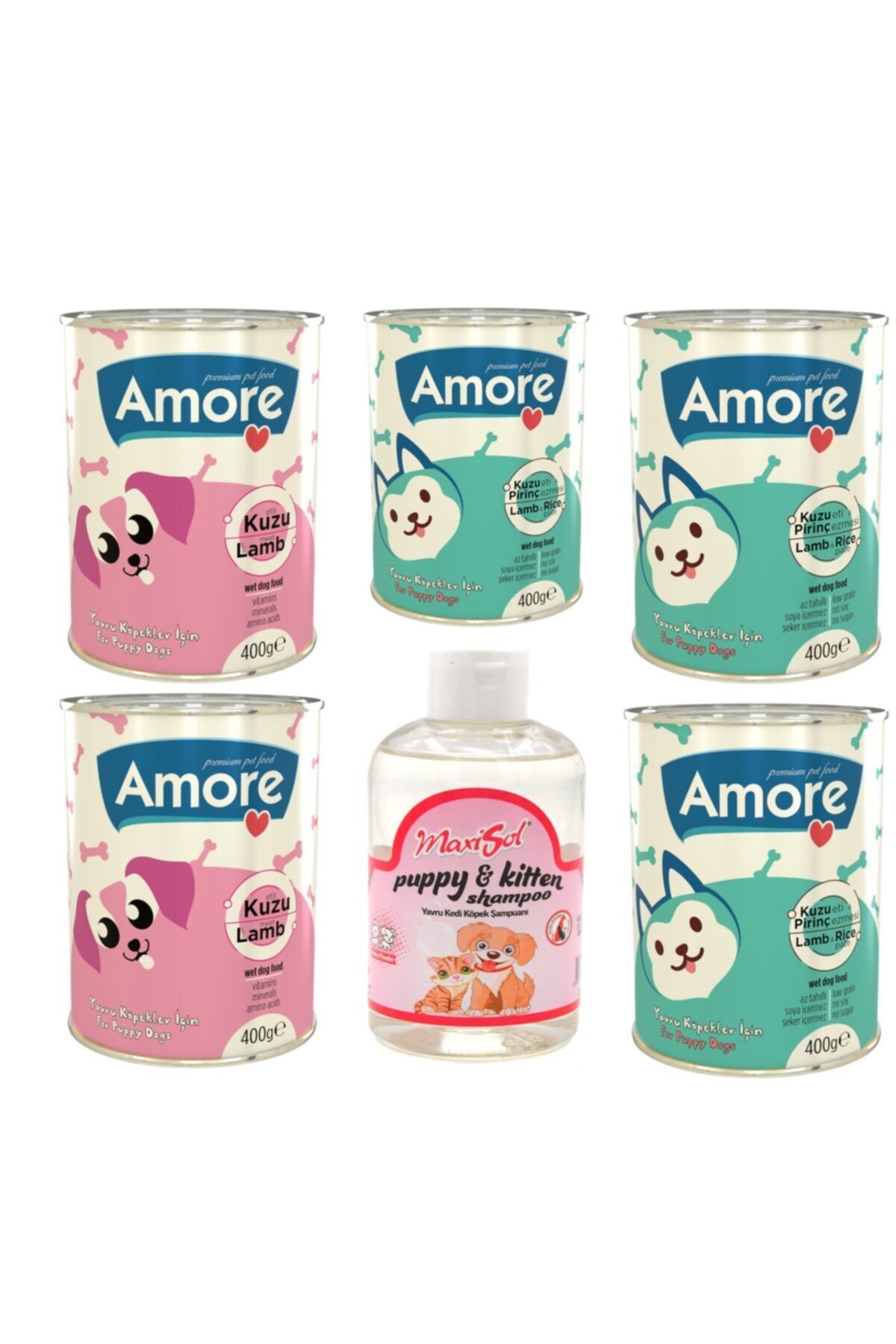 AMORE Kuzu Etli Yavru Köpek Konserve Pate 3x400gr + Chunks 2x400gr + Şampuan 200ml