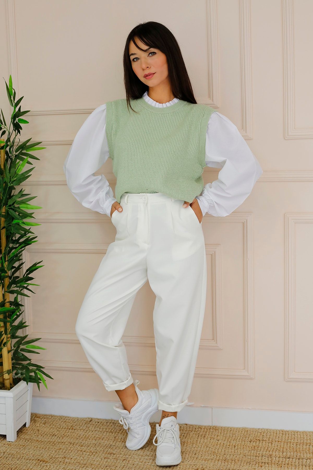 İmajButik Içi Gömlek Detaylı Triko Kazak/mint