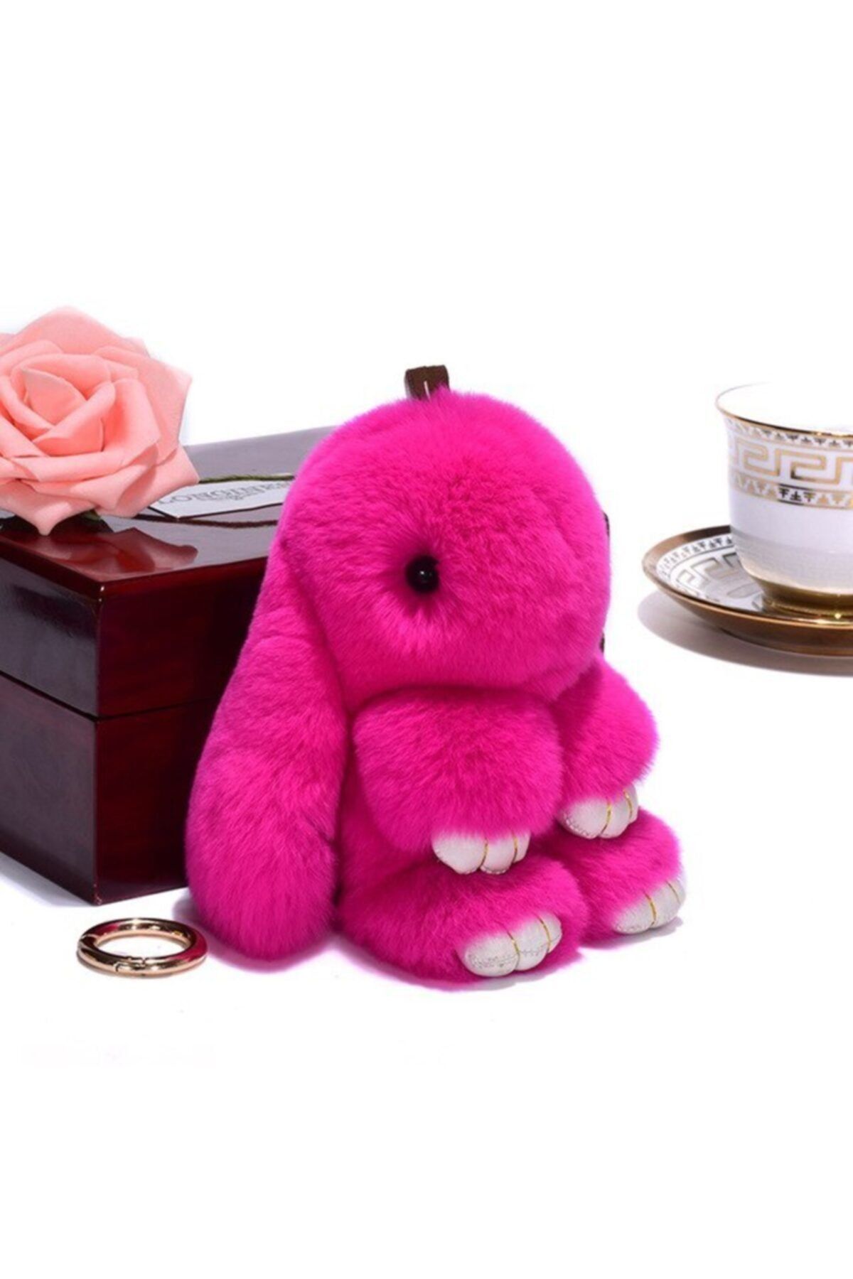 ELSELİFE Suni Kürklü Sevimli Yumuşak Peluş Tavşan Anahtarlık & Çanta Aksesuarı Çanta Süsü 18 Cm. Fuşya Renk
