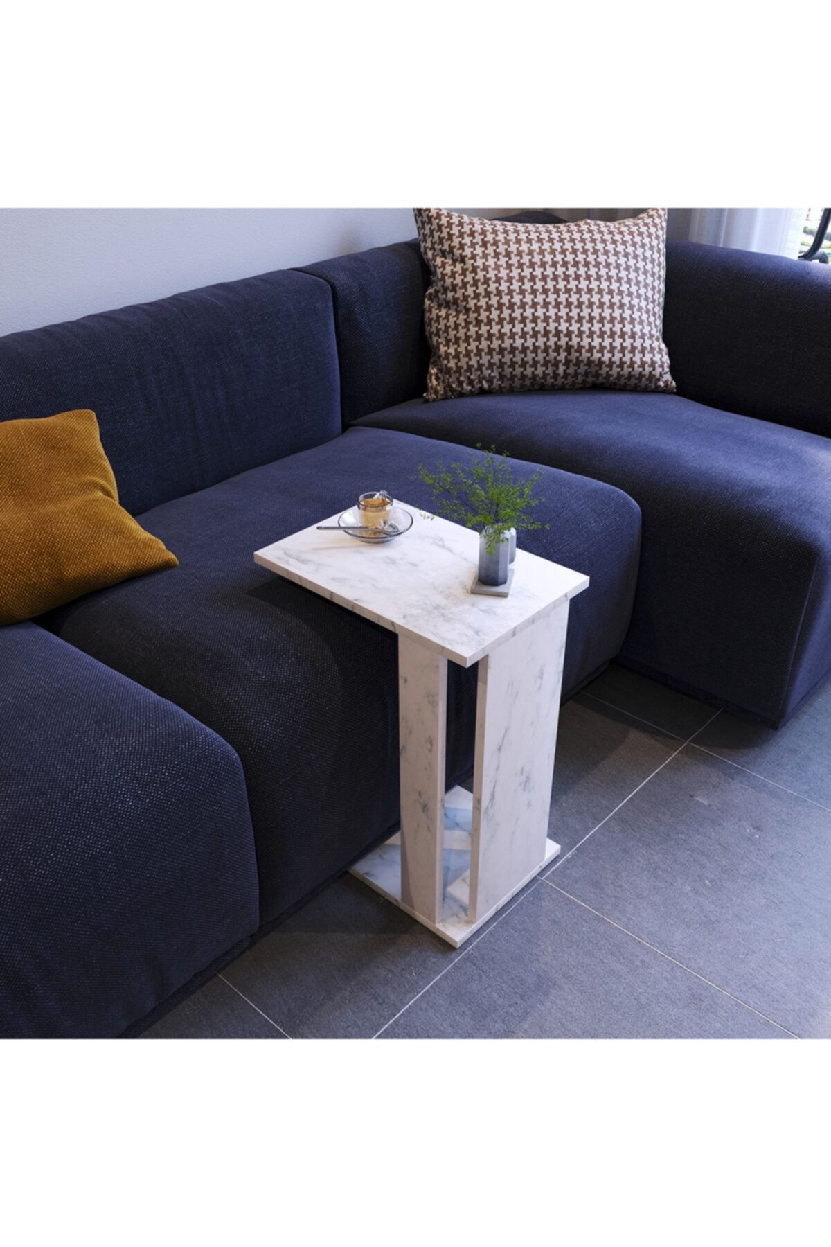 PASİFİC HOME Çok Amaçlı Tekerlekli C Koltuk Sehpası - Beyaz Mermer