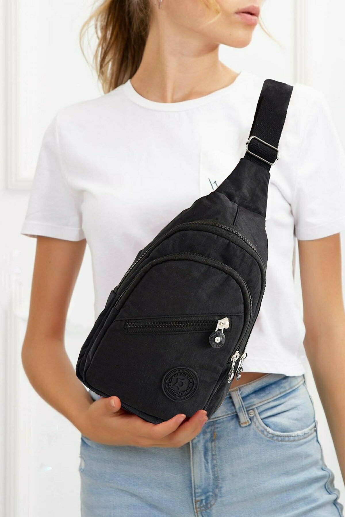 Newishpolo Yuppy Club Unisex Siyah Su Geçirmez Krinkıl Çapraz Askılı Bel Omuz Çanta Göğüs Günlük Bodybag