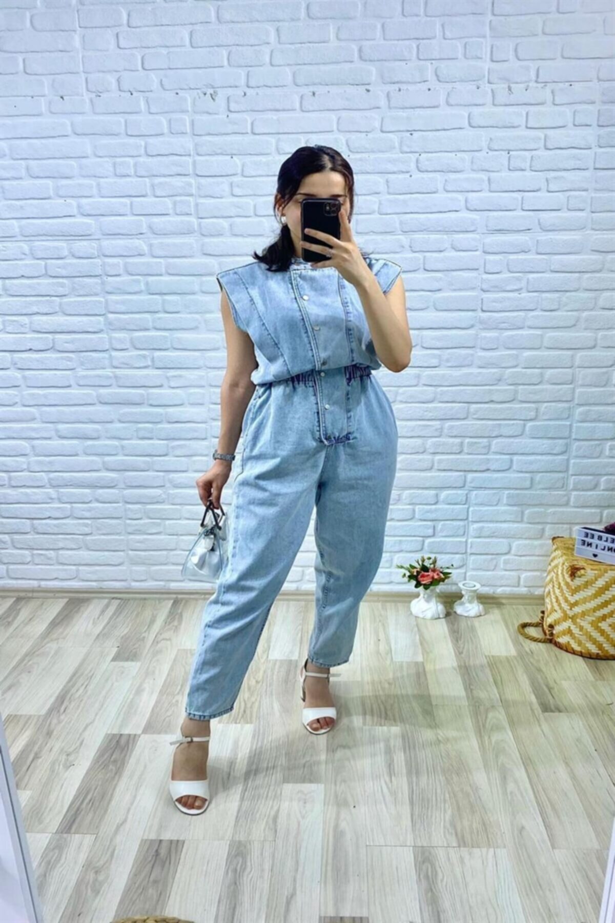elbee fashion women Sıfır Kol Kot Kadın Tulum - Mavi