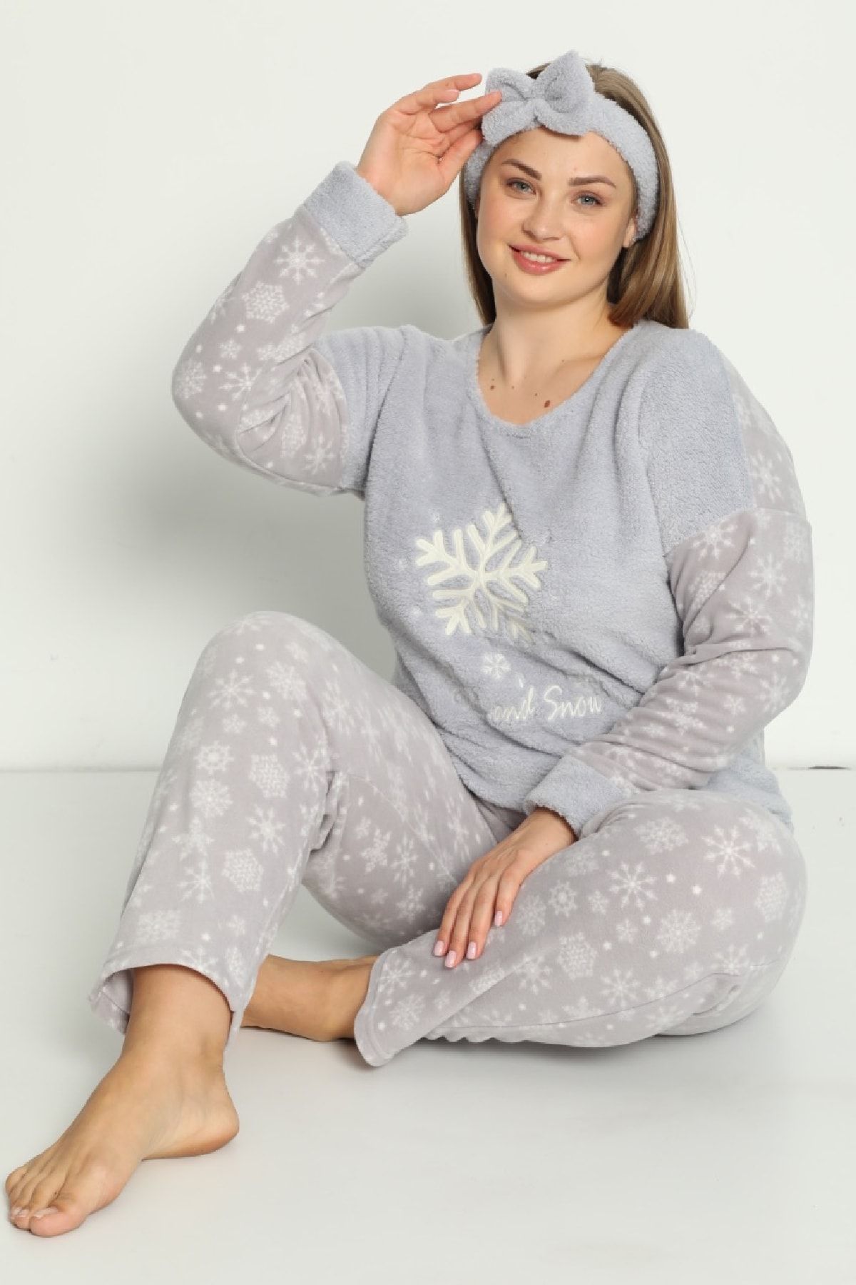 PİJAMAWOME Kadın Büyük Beden Gri Desenli Kışlık Pijama Takımı